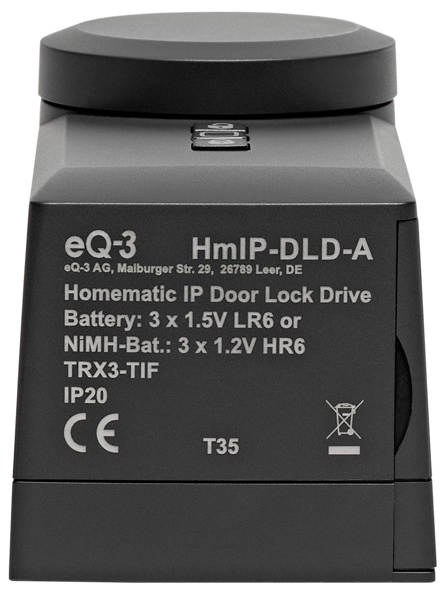 Ein schwarzer elektronischer Türschlossantrieb 'HmIP-DLD-A' von eQ-3 mit Batteriefach und deutscher Beschriftung auf der Vorderseite.