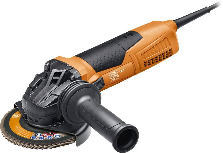 Eine orangefarbene Winkelschleifmaschine mit schwarzem Griff, geeignet für Schleif- und Schneidarbeiten in Werkstätten oder auf Baustellen.