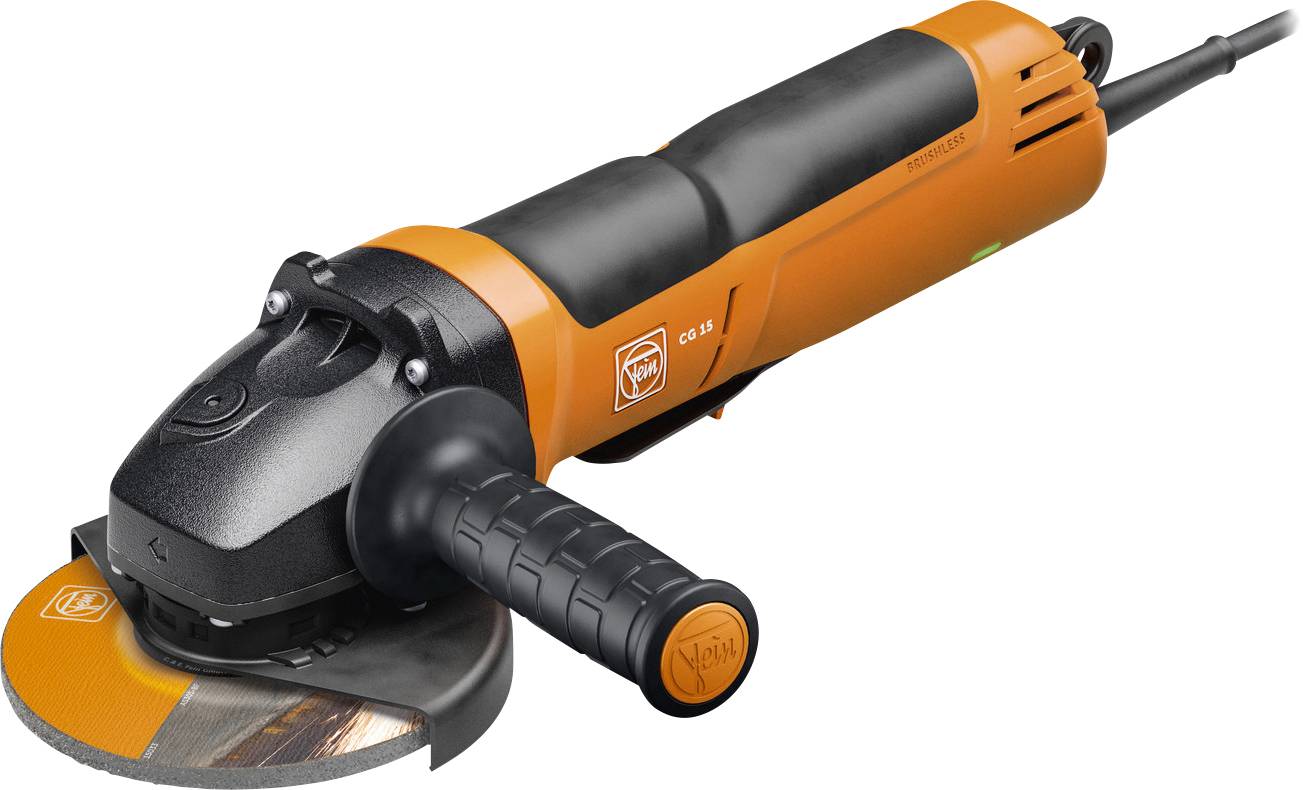 Eine orange-schwarze Winkelschleifmaschine mit einem seitlichen Griff.