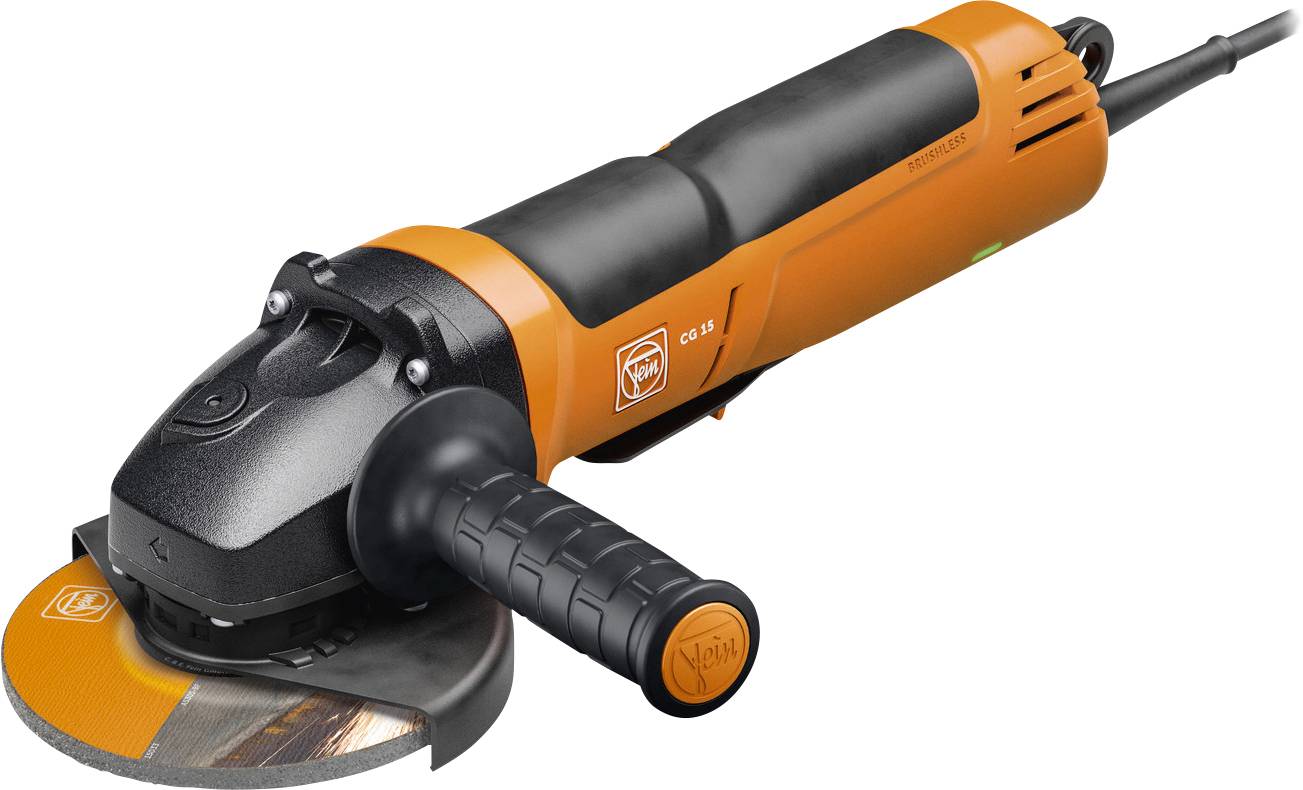 Elektrischer Winkelschleifer mit schwarzem Griff und orangefarbenem Gehäuse, aufgelegt auf eine metallische Scheibe.