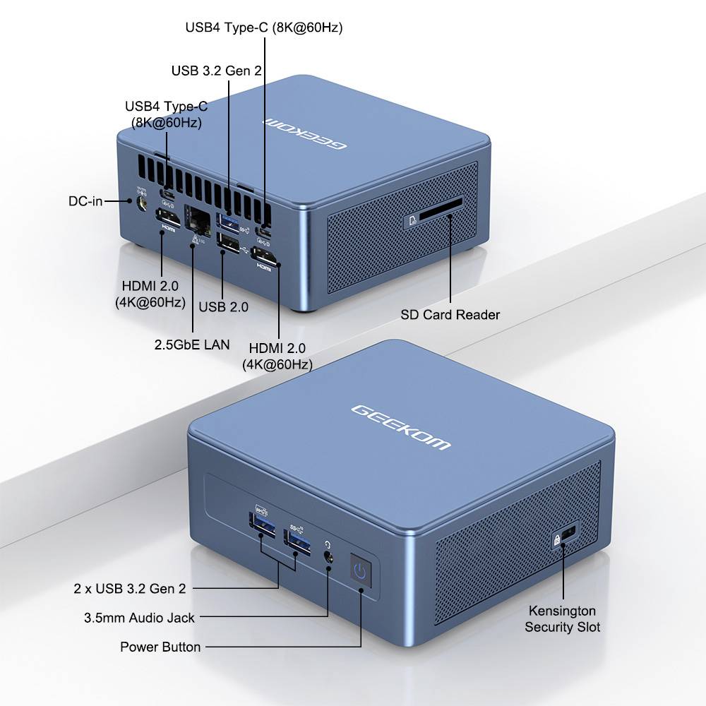 Ein blauer Mini-PC mit Anschlüssen oben: 2 USB-C, 2 HDMI, 2.5GbE LAN, vier USB-Anschlüsse, SD-Kartenleser, Netzschalter und Audiobuchse.