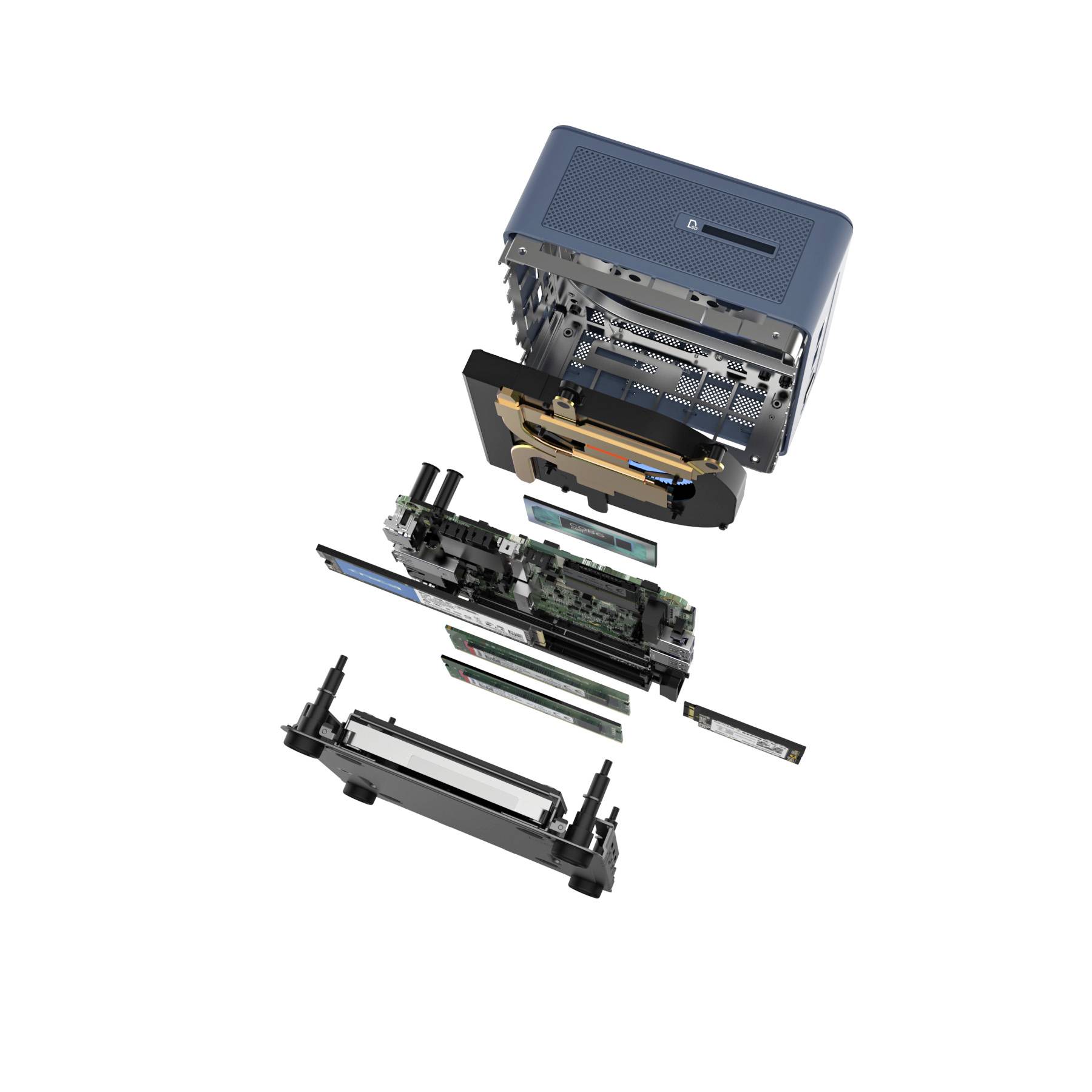 Explosionszeichnung eines Computers mit separaten Komponenten: Gehäuse, Mainboard, RAM, Kühlung und Speicher sind sichtbar für technische Analyse.