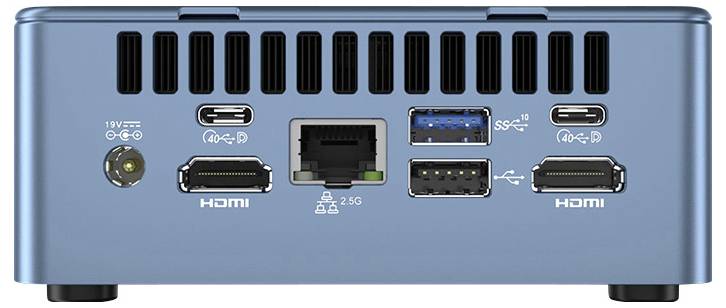 Rückansicht eines blauen Mini-PCs mit verschiedenen Anschlüssen: zwei HDMI, Ethernet, USB 3.0, zwei USB-C, Stromanschluss.