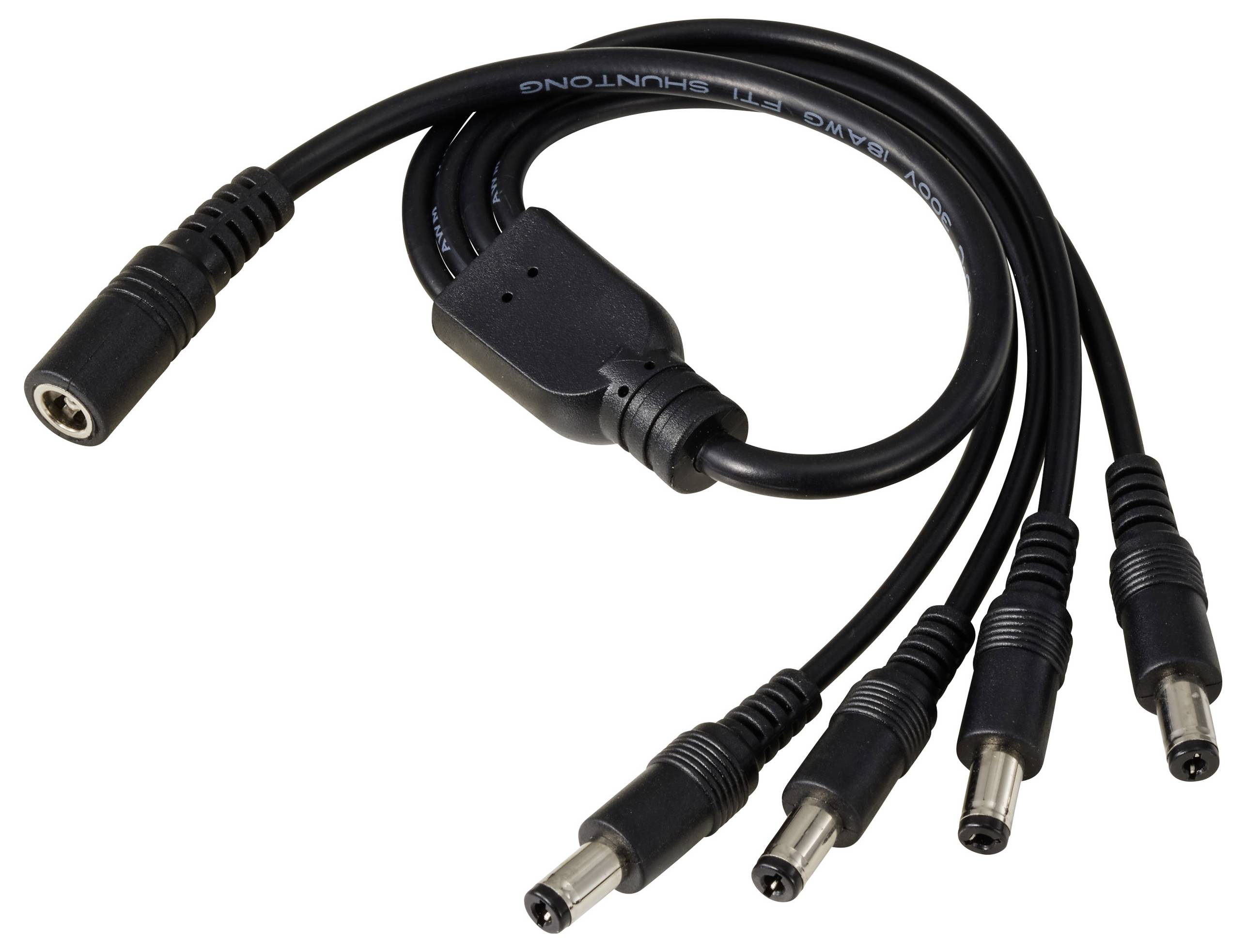 Ein schwarzes Kabel mit einem weiblichen Eingang, das sich in vier männliche Ausgänge aufteilt. Eignet sich für die Verbindung mehrerer Geräte.