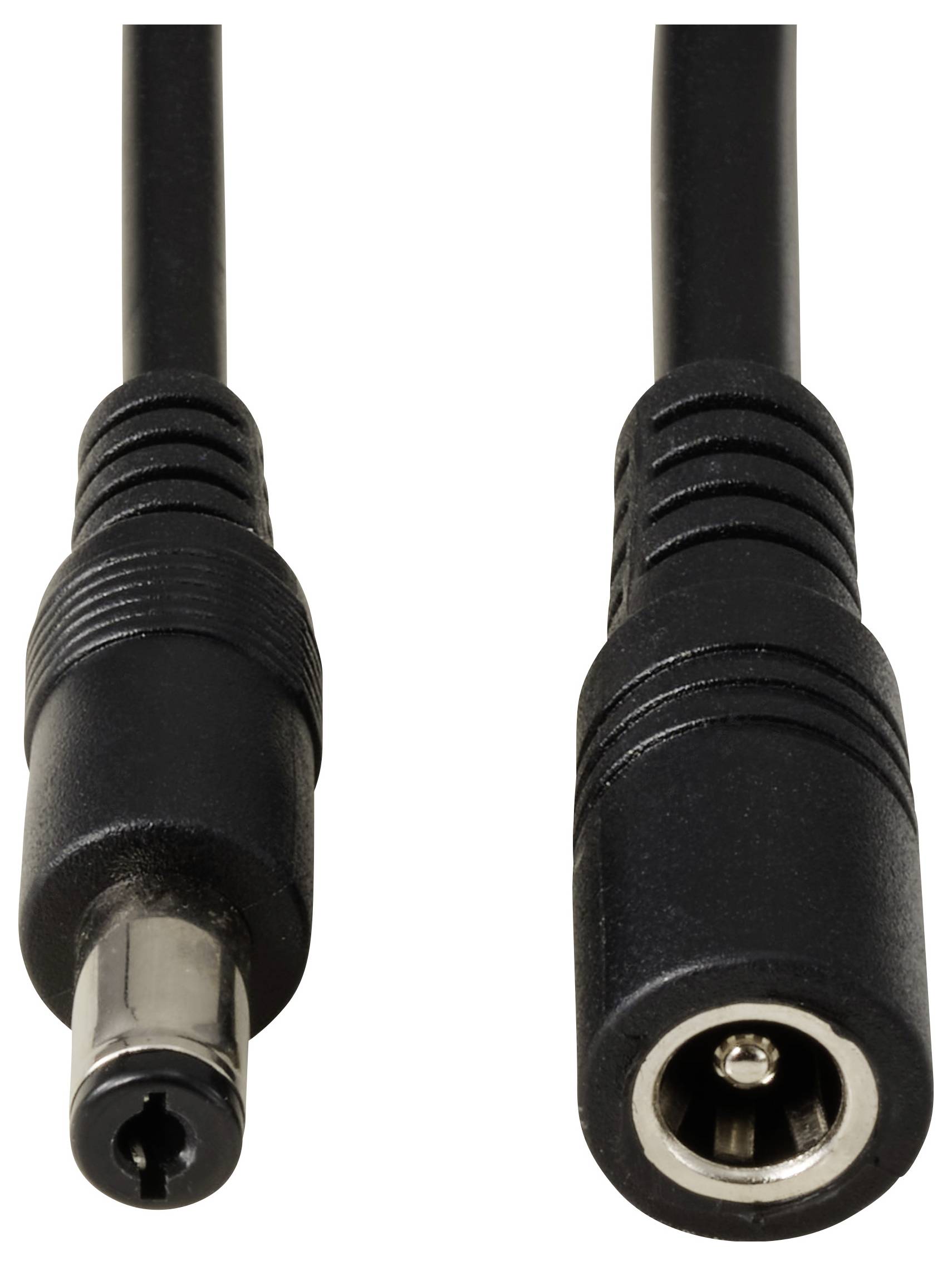 Schwarzes Netzteilkabel mit zwei Anschlüssen: links ein Stecker, rechts eine Buchse. Geeignet für Niederspannungsgeräte.