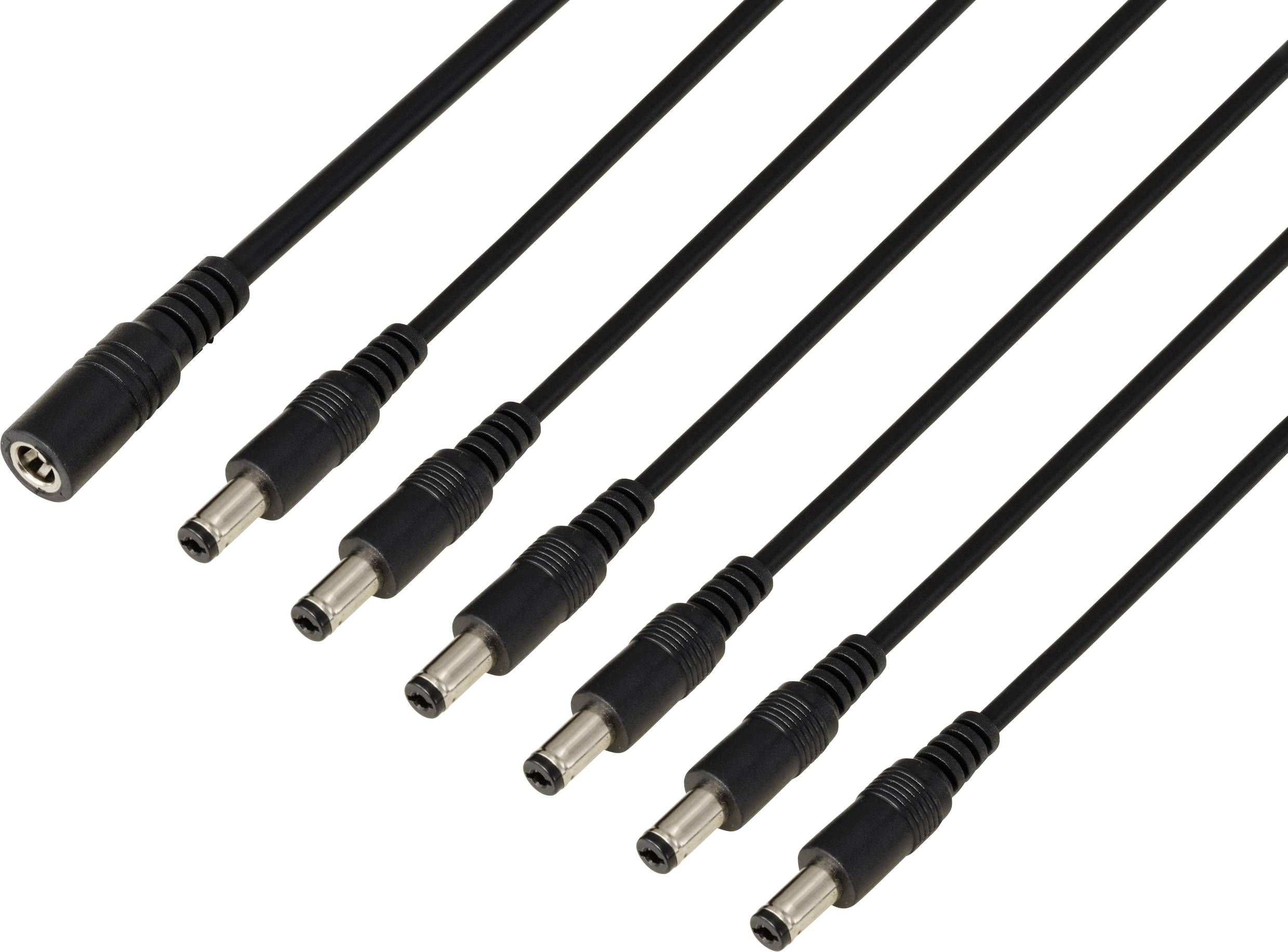 Sechs schwarze DC-Stecker mit Buchse in Reihe positioniert, verwendet für elektronische Anschlüsse.