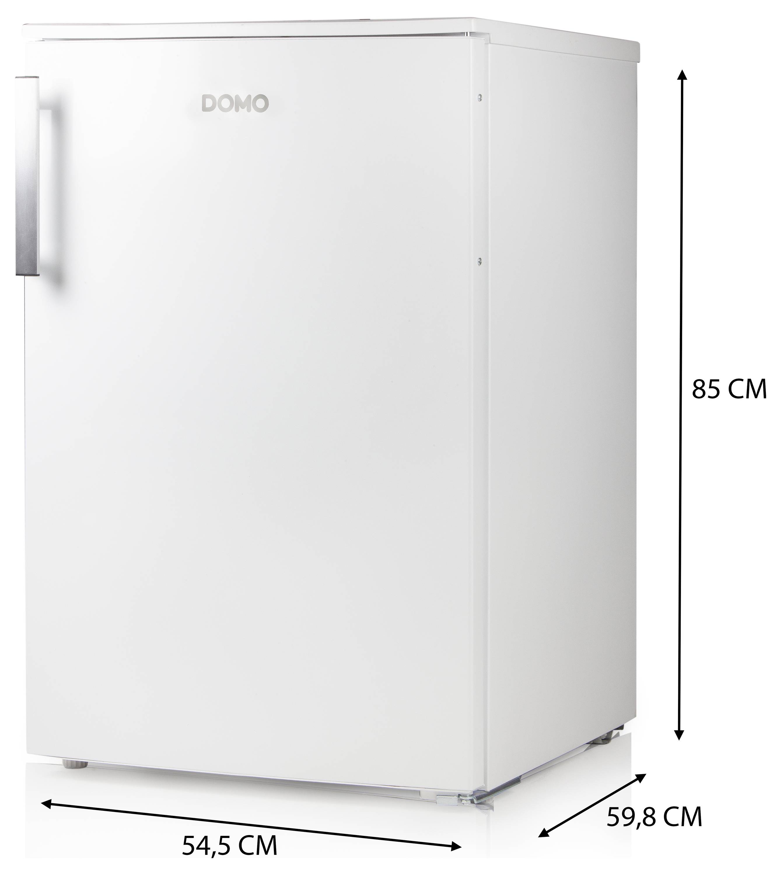 Ein weißer Kühlschrank der Marke Domo mit den Maßen 85 cm Höhe, 54,5 cm Breite und 59,8 cm Tiefe.