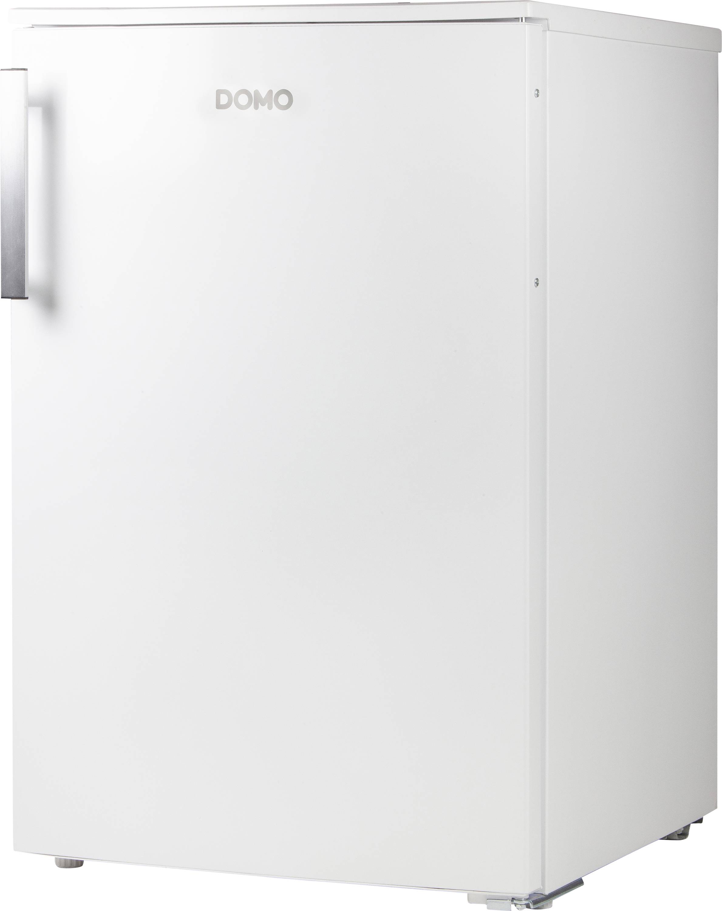 Weißer Kühlschrank mit silbernem Griff, Marke DOMO, präsentiert von der Seite.
