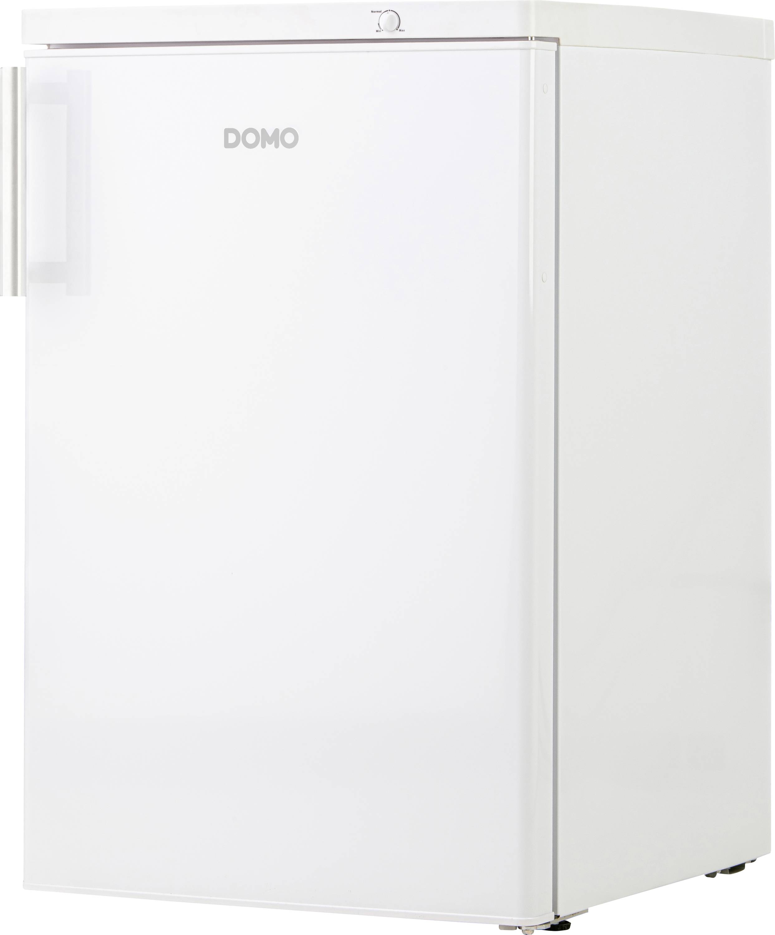 Ein weißer, freistehender Kühlschrank mit Türgriff links und Logo 'DOMO' oben auf der Tür. Keine weiteren sichtbaren Details.