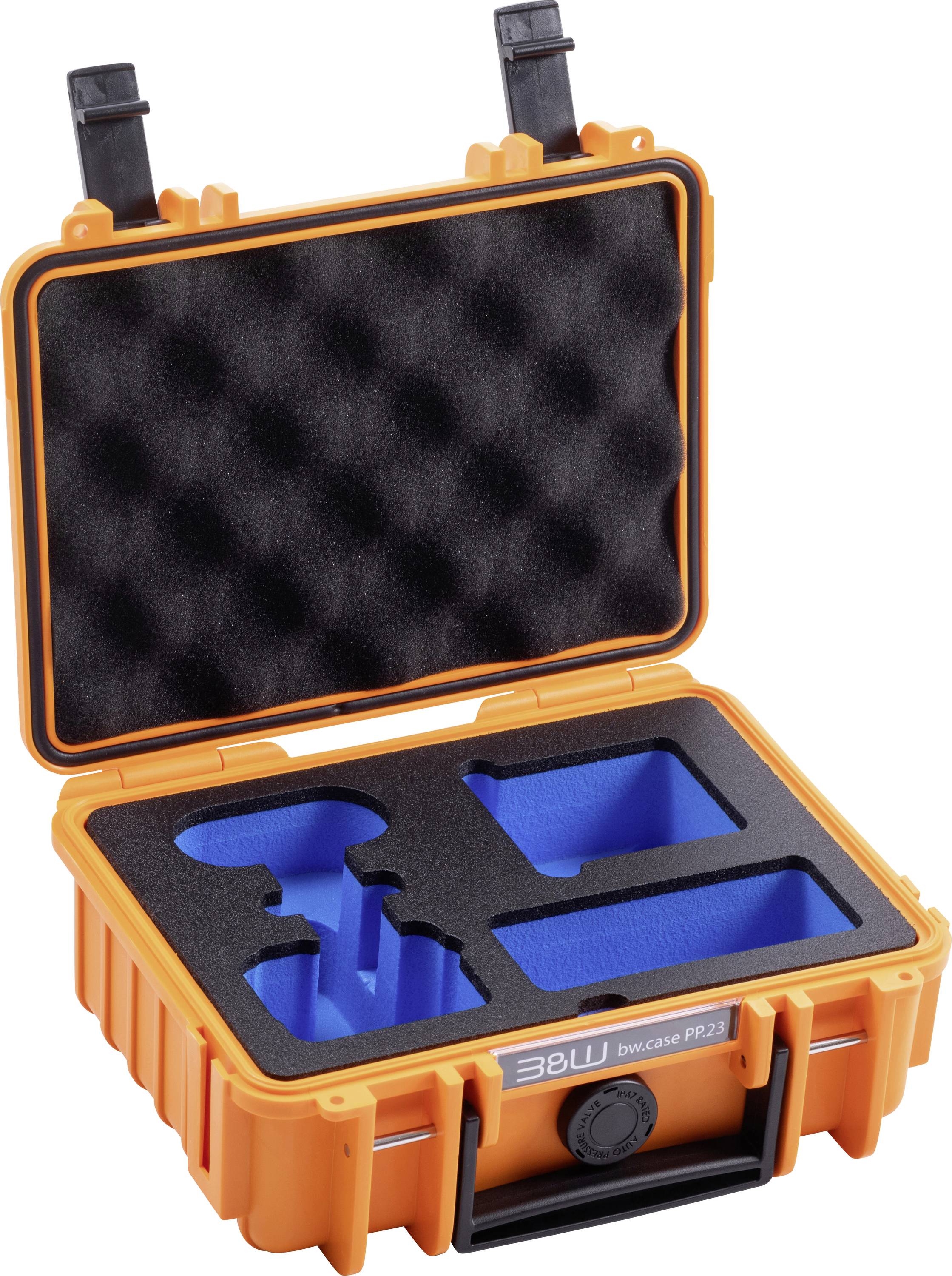 Ein orangefarbener Schutzkoffer mit offenem Deckel zeigt passgenaue Fächer für Werkzeuge oder Geräte, ausgekleidet mit schwarzem Schaumstoff.