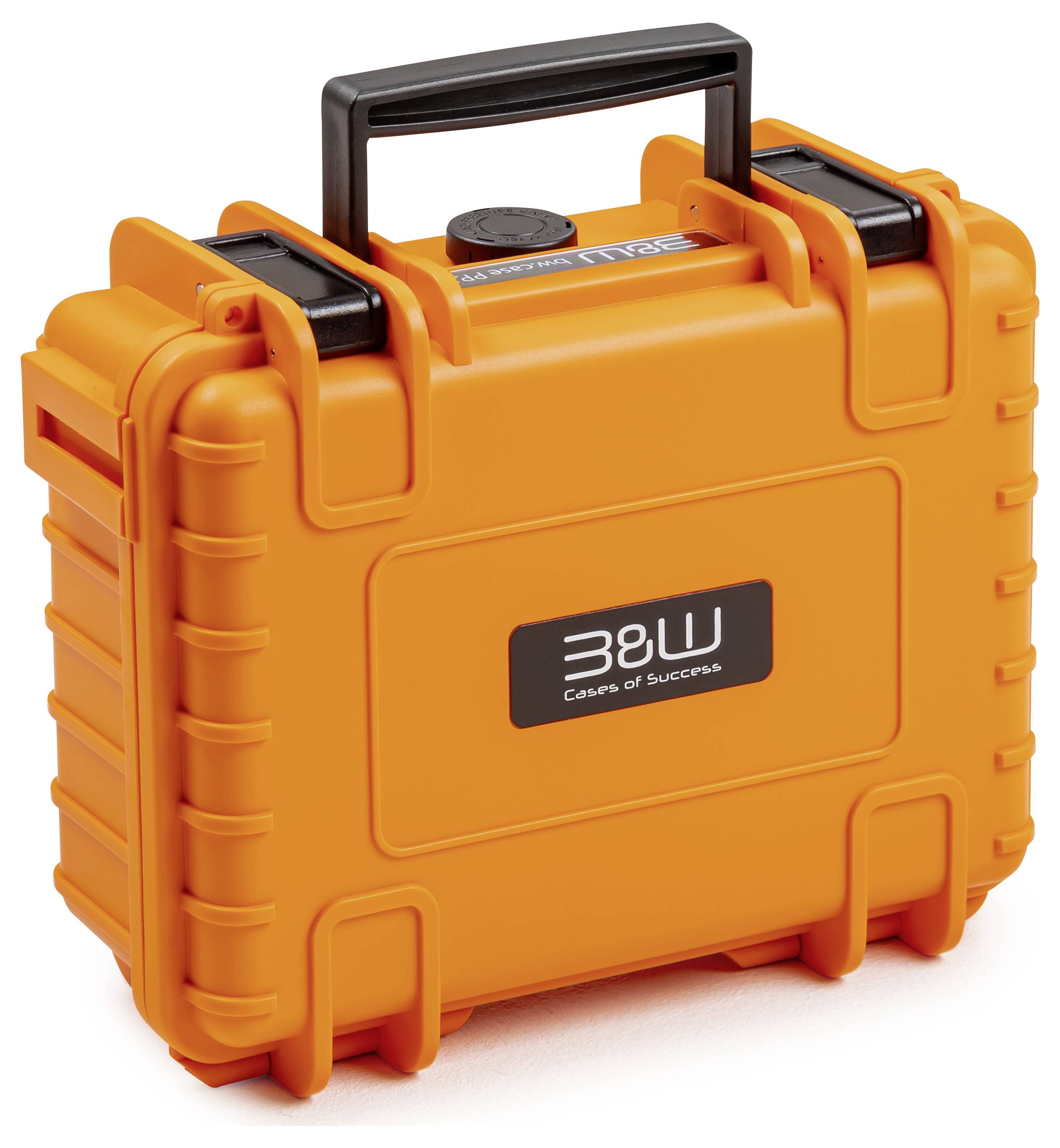 Oranger, robuster Tragekoffer mit schwarzem Griff, geeignet für technische Geräte. Auf der Vorderseite steht 'B&W Cases of Success'.