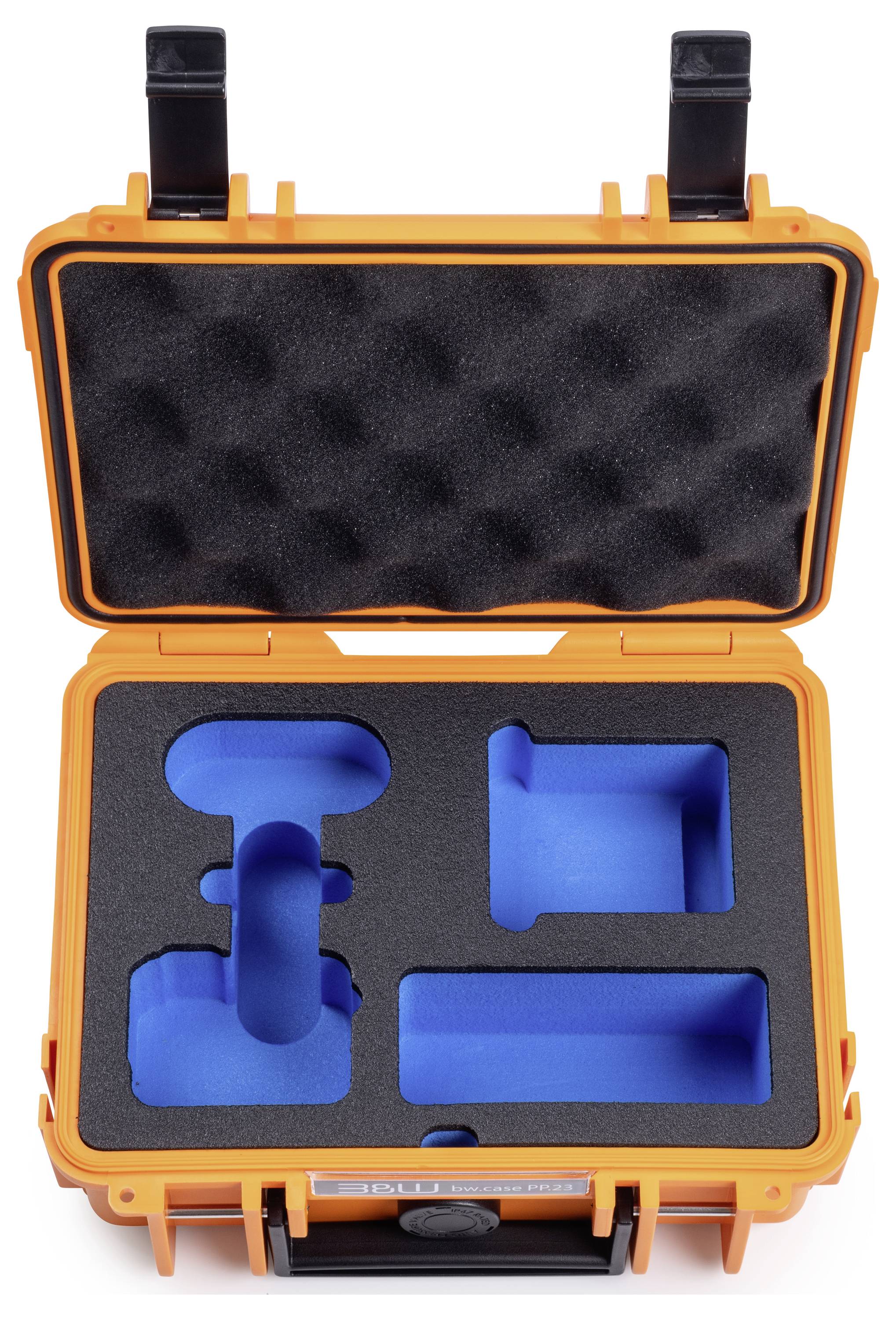 Oranger Koffer mit schwarzem Schaumstoff innen, geformt zur sicheren Aufbewahrung von Elektronikgeräten mit blauen Einsätzen.