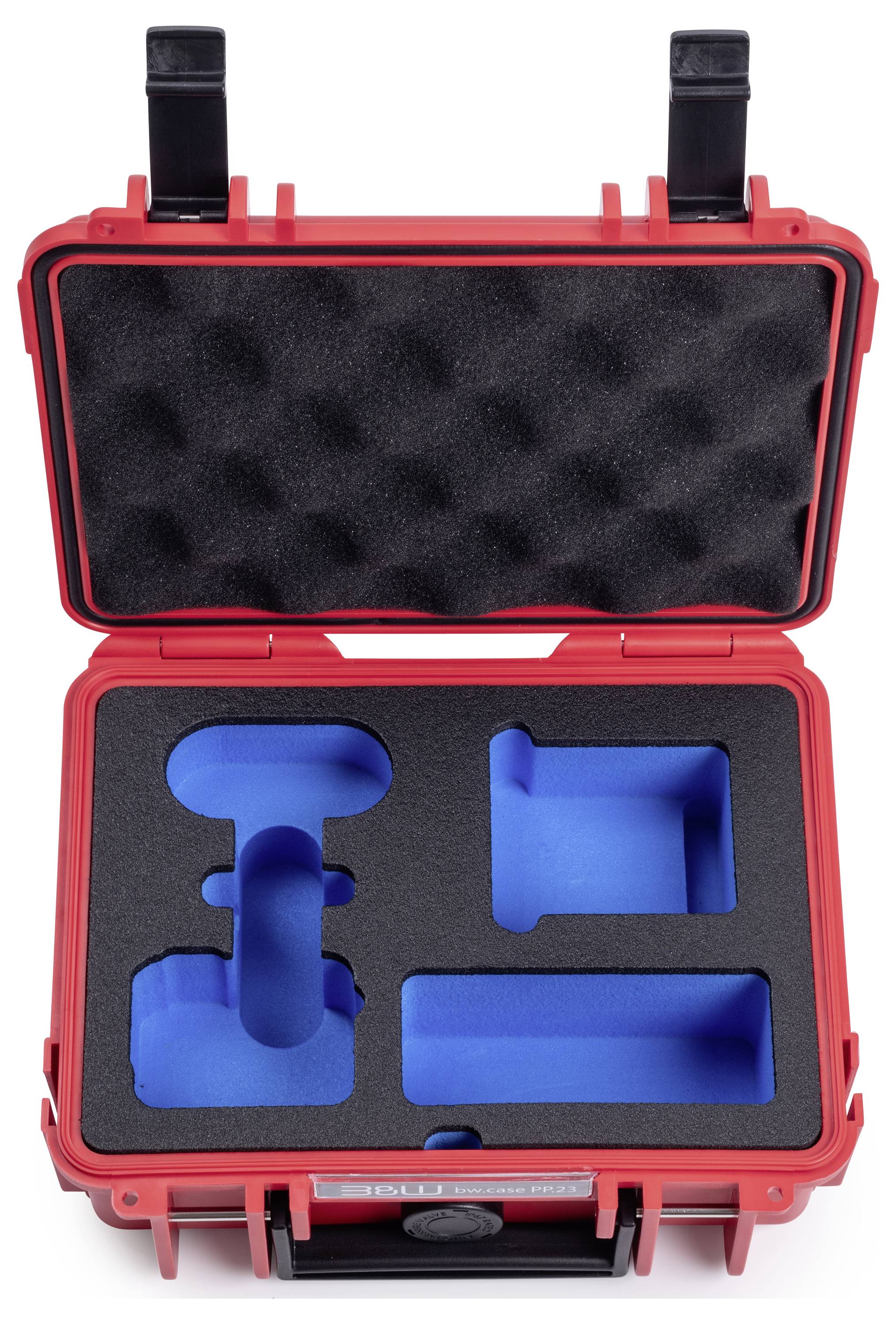 Roter Hartschalenkoffer mit geöffnetem Deckel, innen blaue Schaumstoffeinlage mit Aussparungen für individuelle Gegenstände.