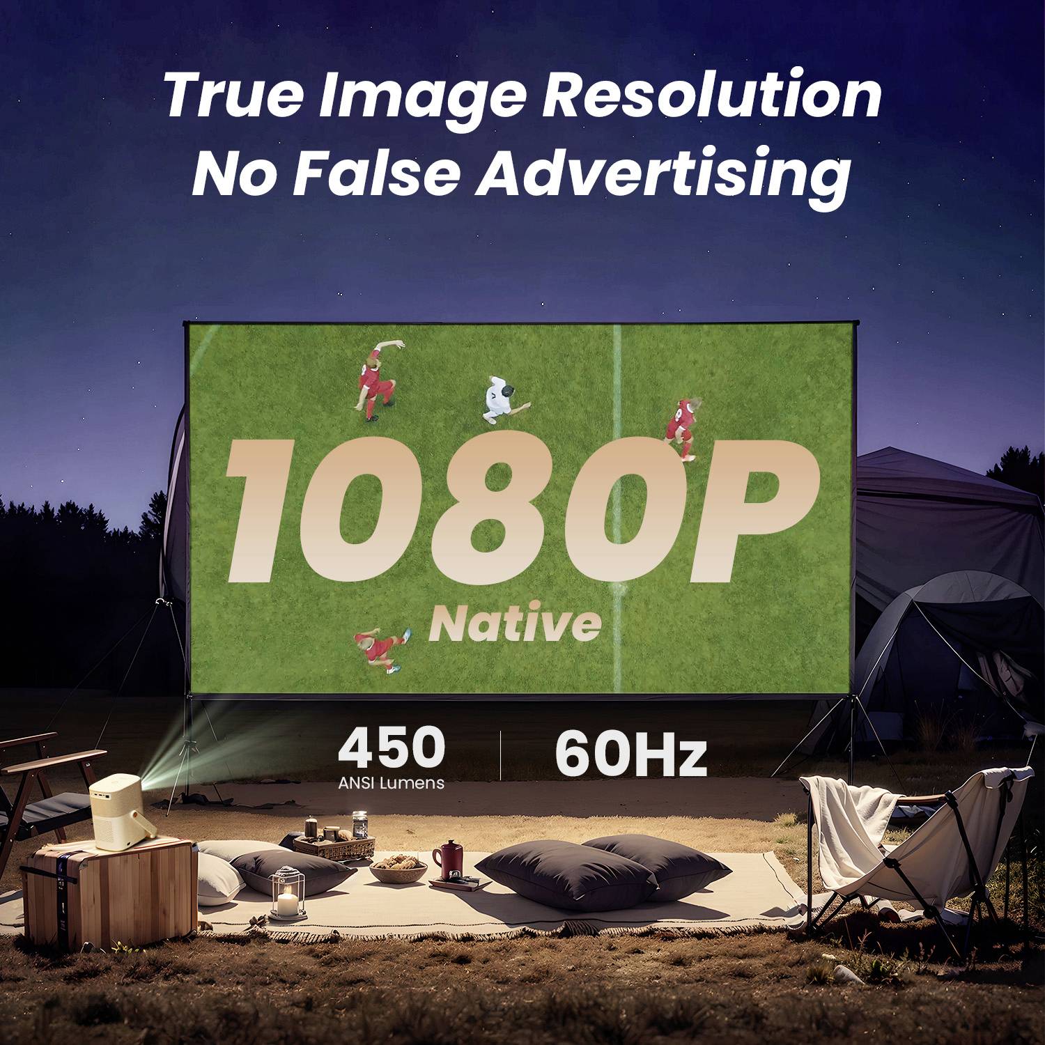 Leinwand im Freien mit Filmprojektion in '1080P Native', beworben als 'True Image Resolution', 450 ANSI Lumen und 60 Hz.