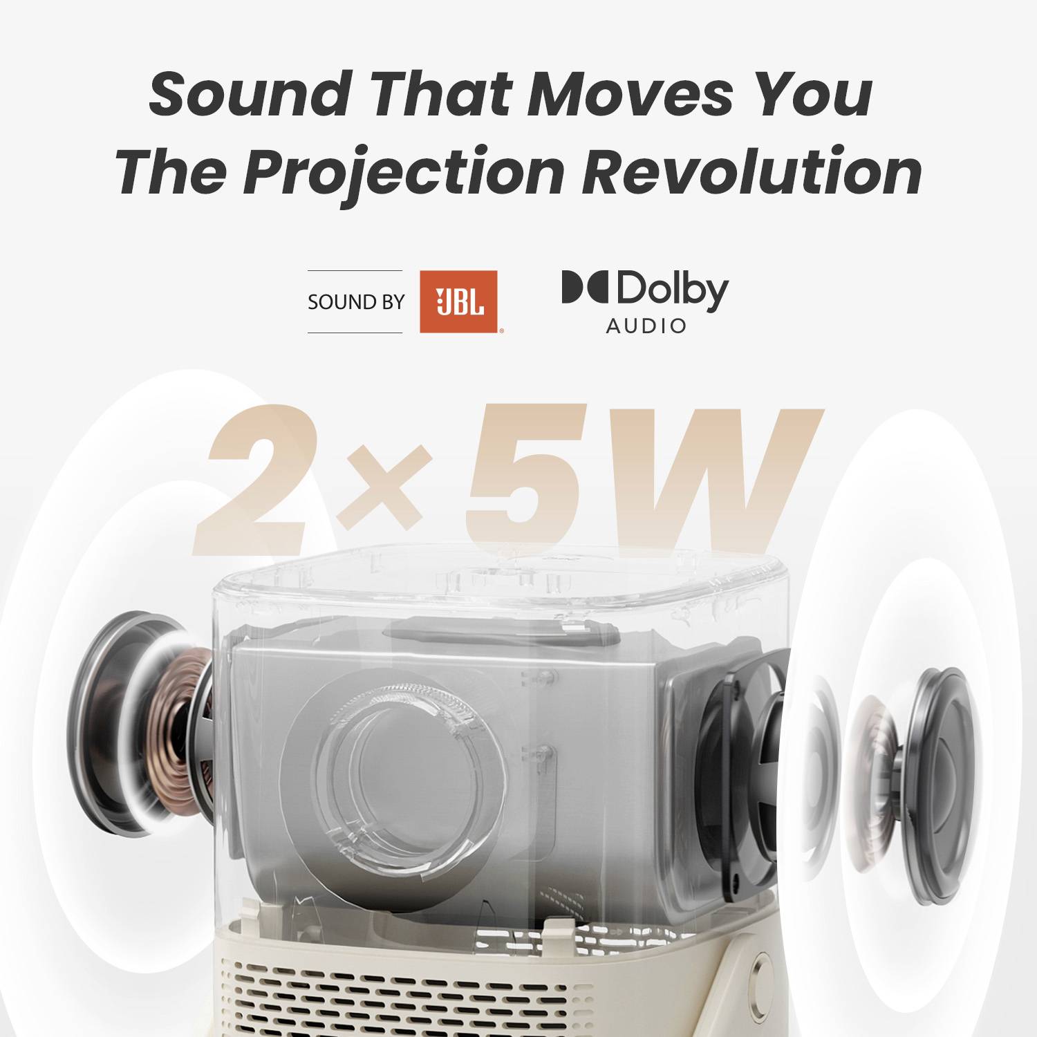Projektor mit Dolby Audio und JBL Sound, 2x 5W Lautsprecher, Text 'Sound That Moves You, The Projection Revolution', Lautsprecher sichtbar.