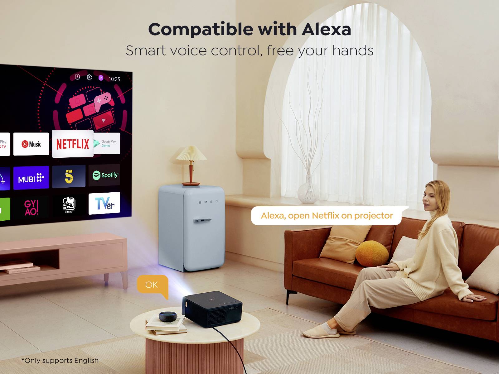 Yaber Beamer K2S LCD 800 ANSI-Lumen 1920 x 1080 Full HD 4K unterstützt, JBL Lautsprecher integriert, Smart-TV-Dongle, Autofokus