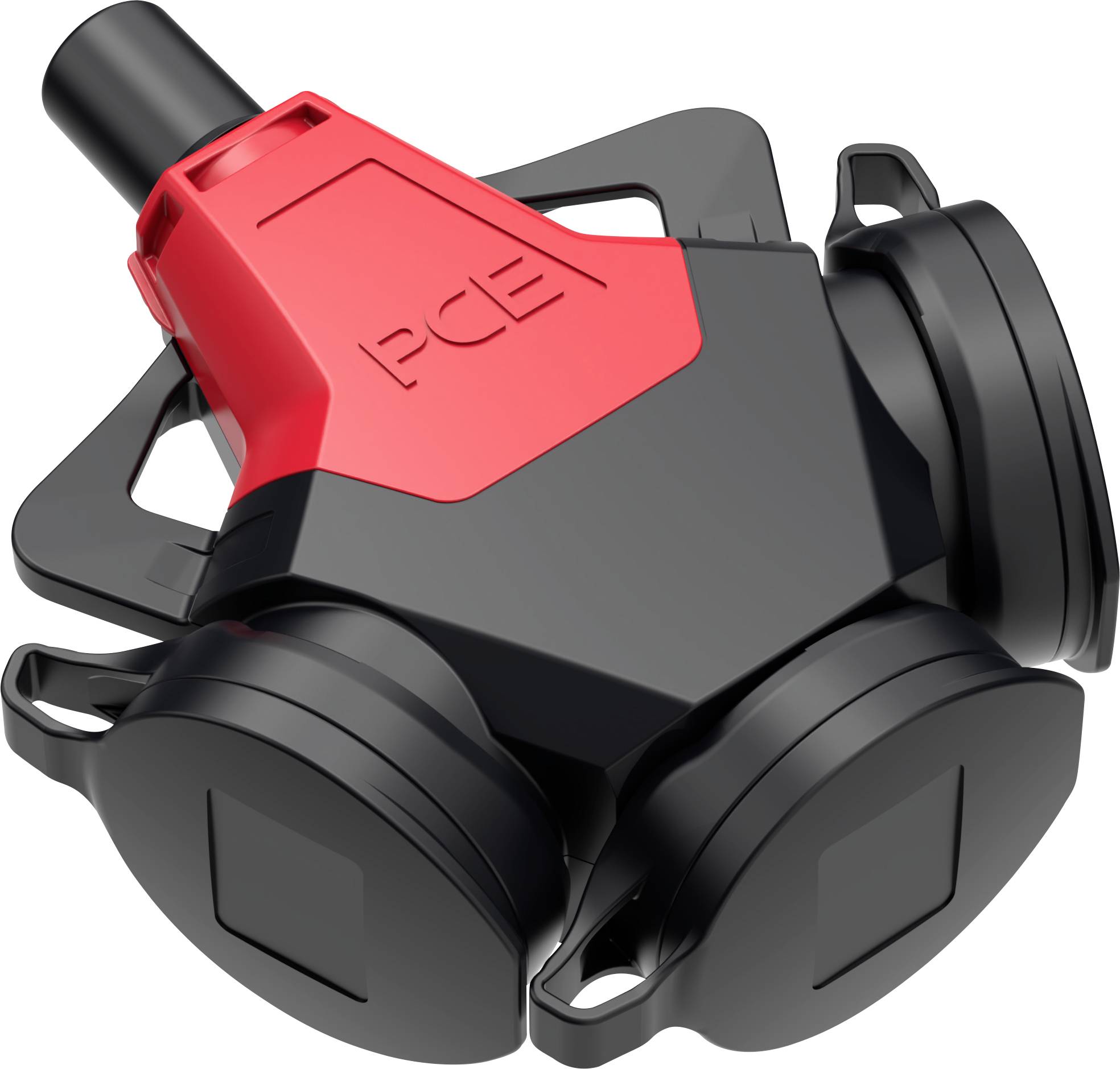 Ein schwarzer und roter Adapter mit drei Steckdosen und dem Logo 'PCE', geeignet für industrielle Anwendungen.