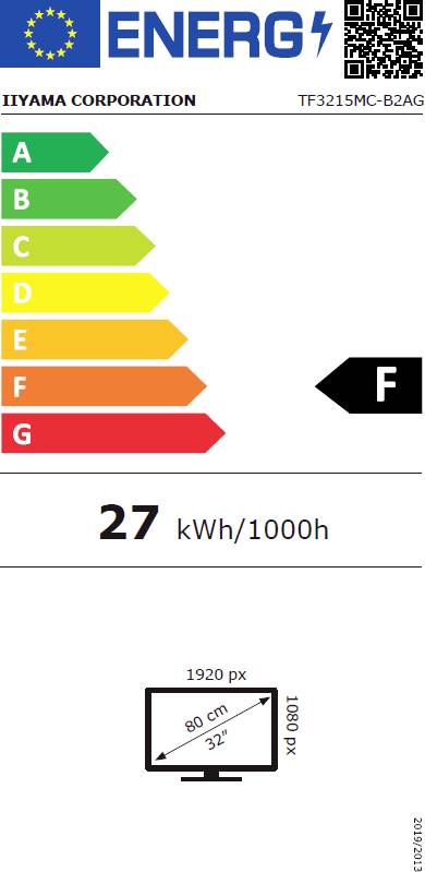 Energieeffizienzlabel für einen Monitor: Energieklasse F, Verbrauch 27 kWh/1000h, Bildschirmgröße 32 Zoll, Auflösung 1920x1080 Pixel.