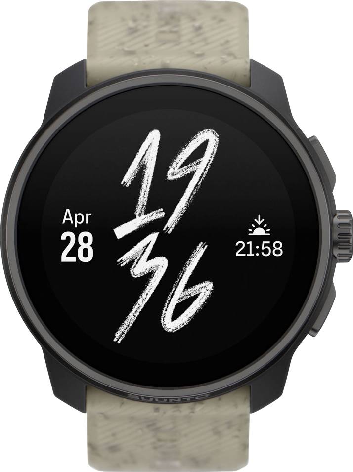 Eine schwarze Smartwatch zeigt das Datum 'Apr 28' und Uhrzeit '21:58'. Im Hintergrund steht groß die Zahl '19:36'.