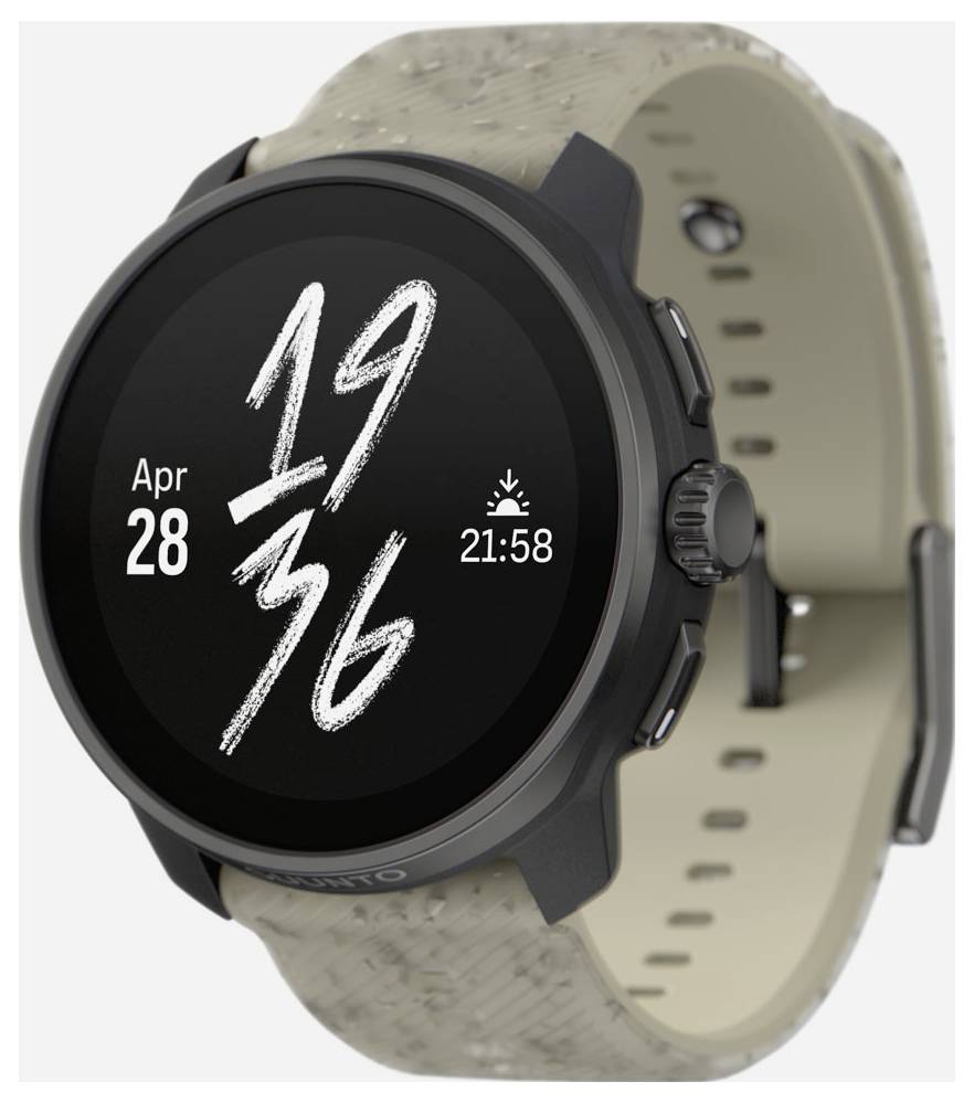 Eine schwarze Armbanduhr mit hellem Armband zeigt auf dem Display '19:36' und 'Apr 28' an, mit Symbol für Wetter.