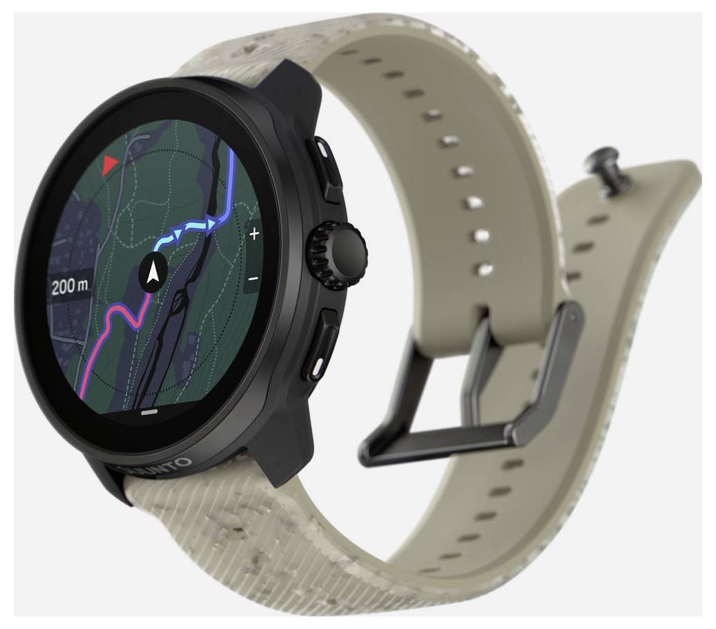 Smartwatch mit schwarzem Gehäuse und hellem Armband zeigt eine Kartenansicht mit Route auf dem Display.