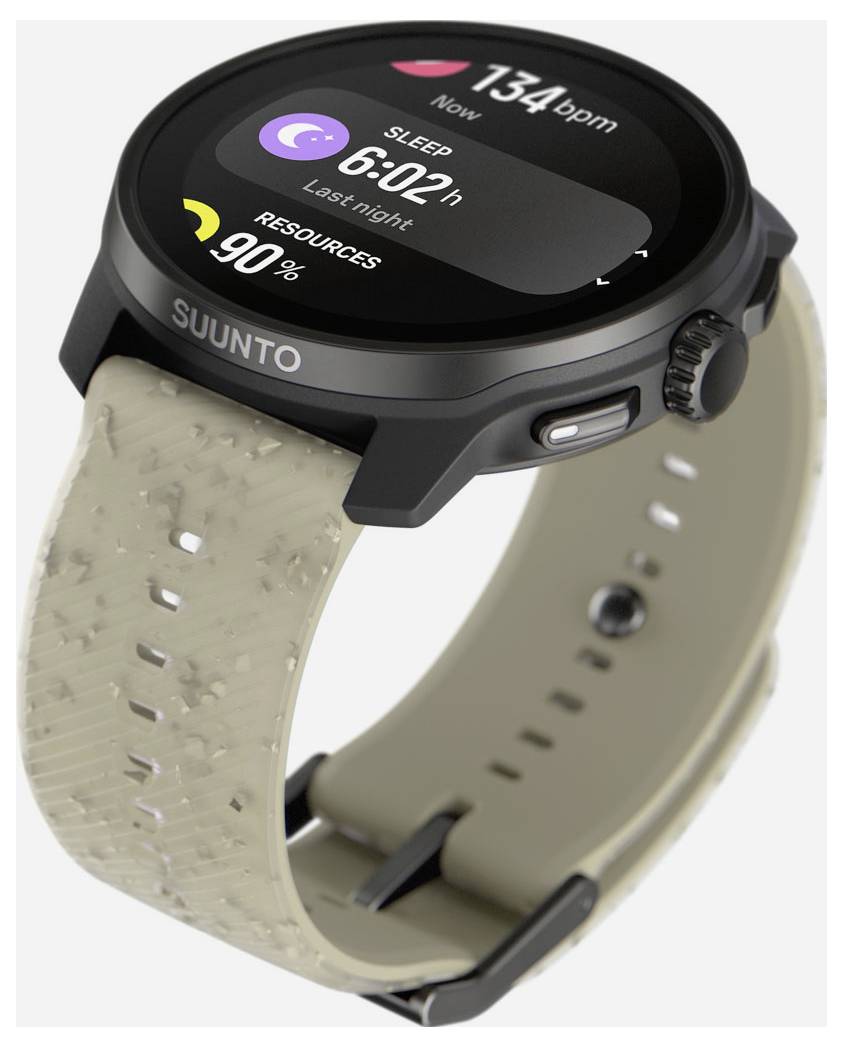 Eine schwarze Smartwatch mit hellem Armband zeigt den Schlafmonitor mit '6:02 h letzte Nacht', Herzfrequenz 134 bpm, und Ressourcen 90 %.