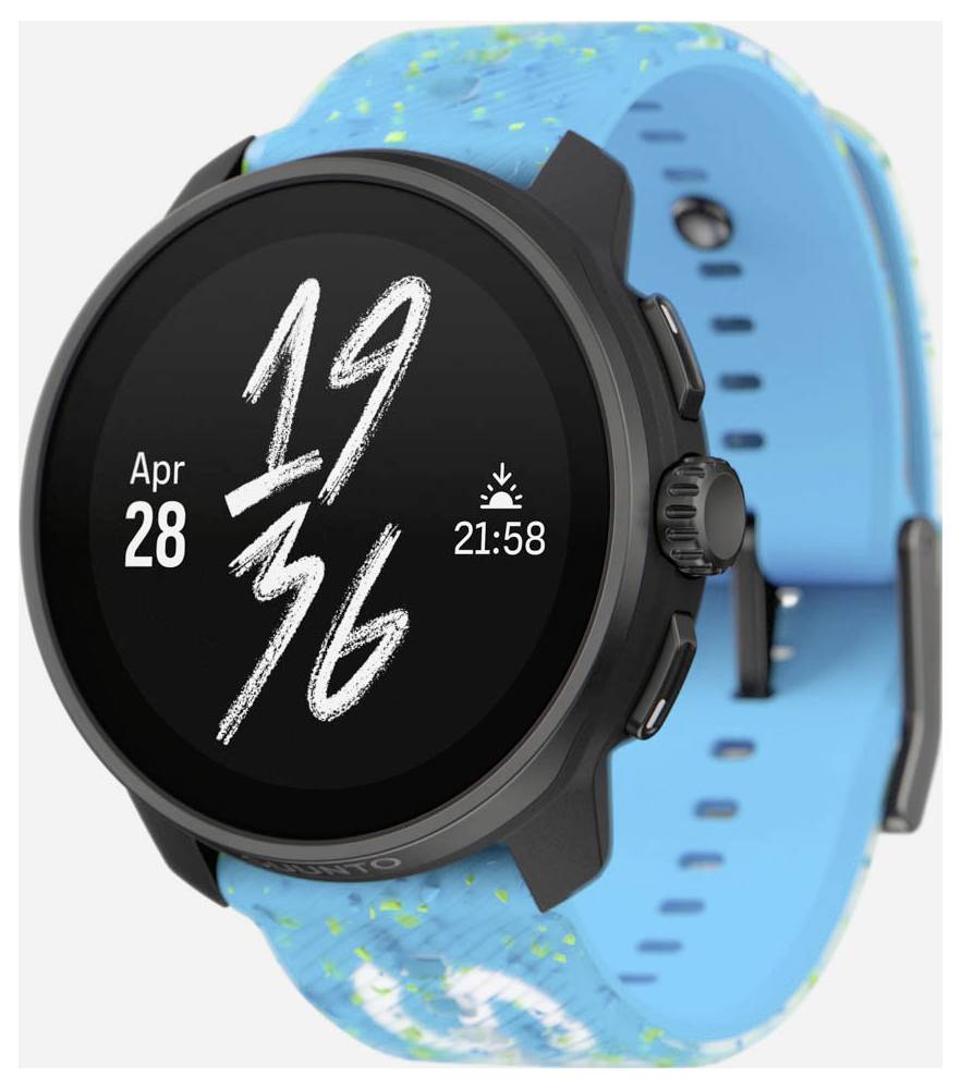 Eine schwarze Smartwatch mit blauem Armband zeigt die Uhrzeit '19:36' und das Datum 'Apr 28' auf ihrem Display an.