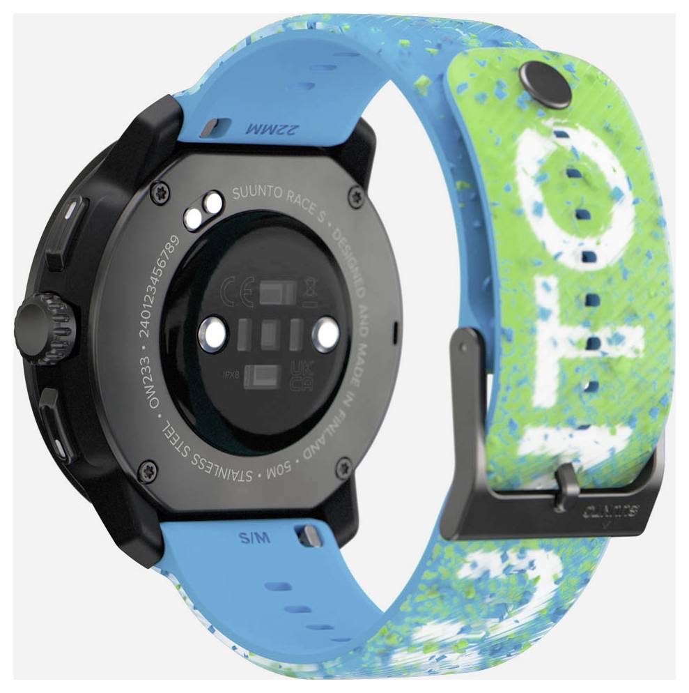 Eine robuste Sportuhr mit blau-grünem Armband und metallischem Zifferblattgehäuse. Geeignet für Outdoor-Aktivitäten.