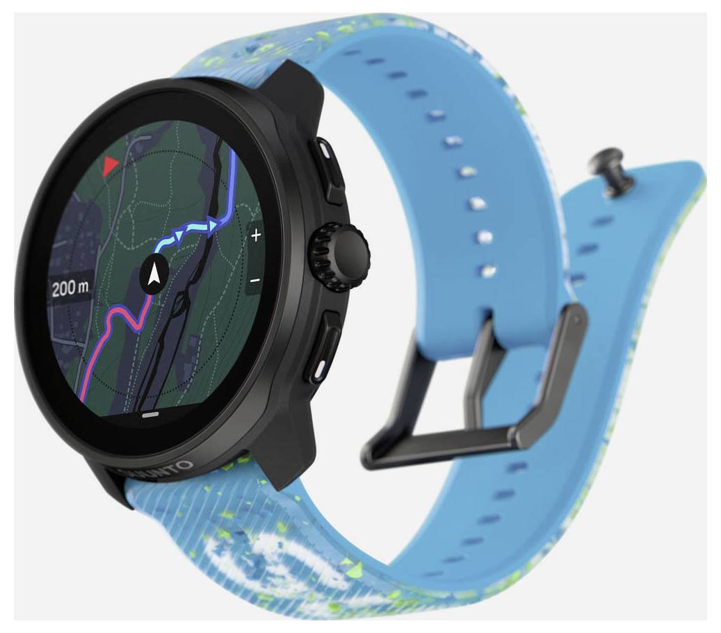 Eine Smartwatch mit blauem Armband zeigt eine Karte mit einer Route und einem Pfeil an. Die Entfernung auf der Karte beträgt 200 m.