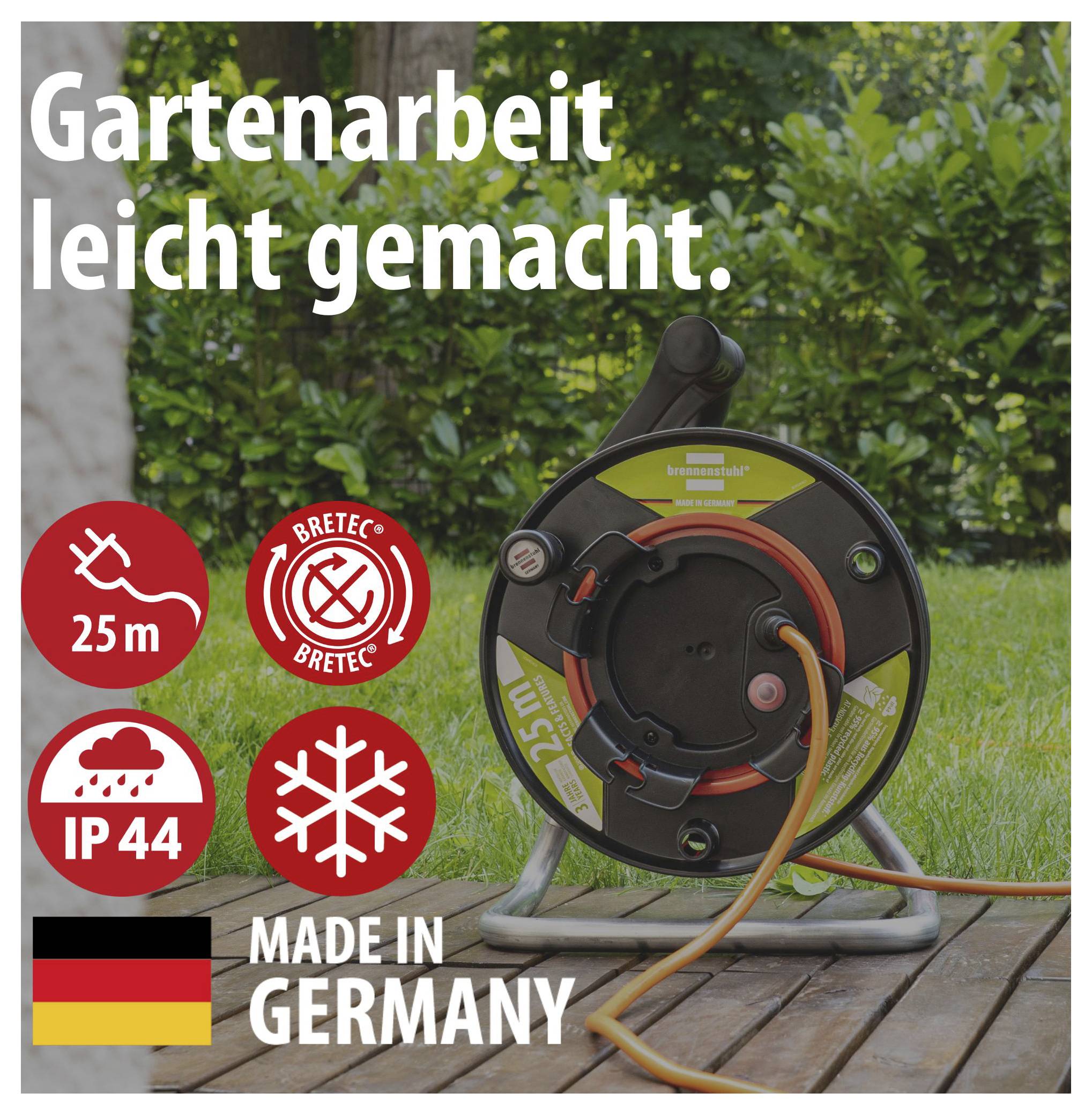 Werbeplakat für eine Kabeltrommel im Garten: 'Gartenarbeit leicht gemacht.', 25 m, IP44, Made in Germany, mit Schutzsymbolen.