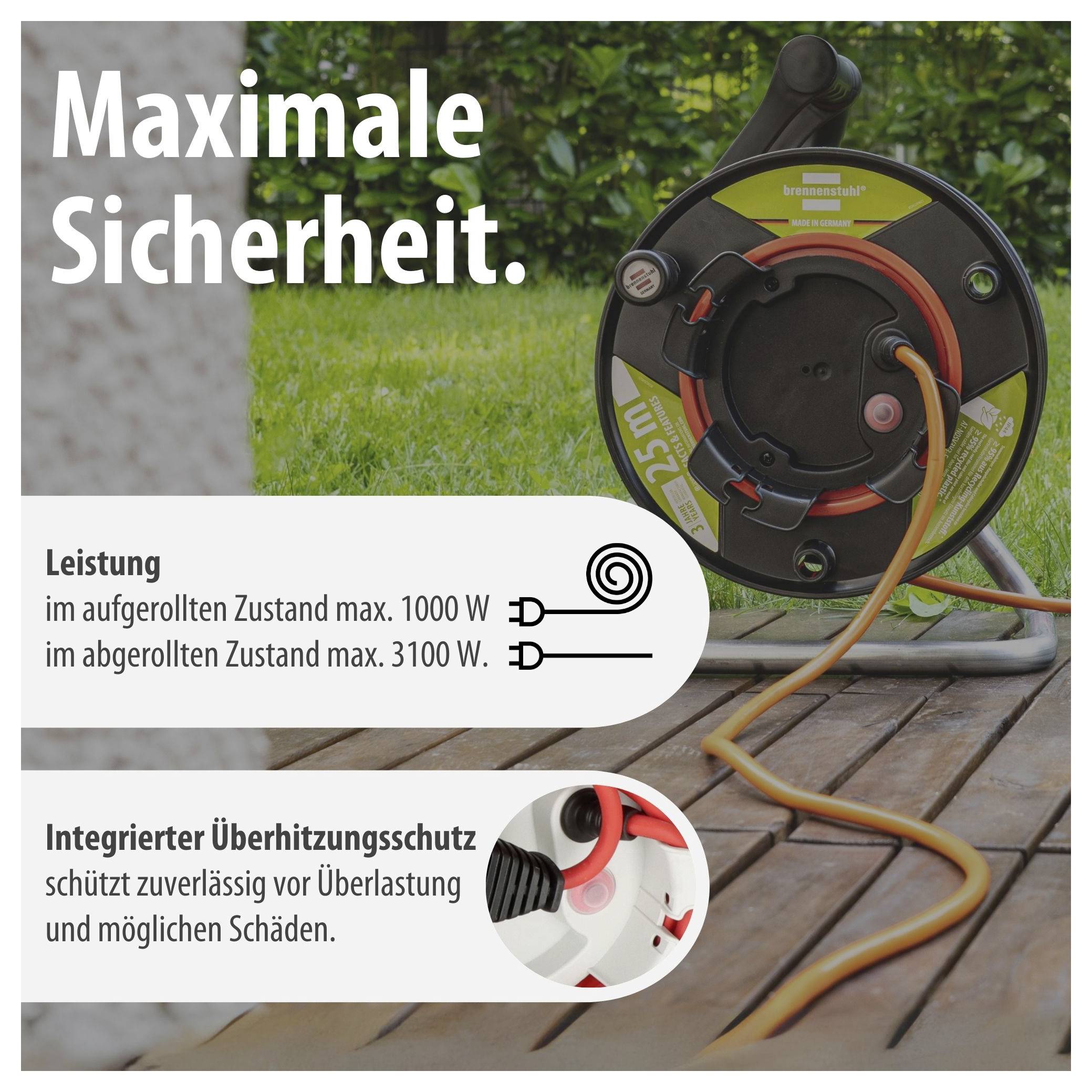 Werbeplakat für ein Kabeltrommel-Produkt: 'Maximale Sicherheit'; Leistung max. 1000 W aufgerollt, 3100 W abgerollt; integrierter Überhitzungsschutz.