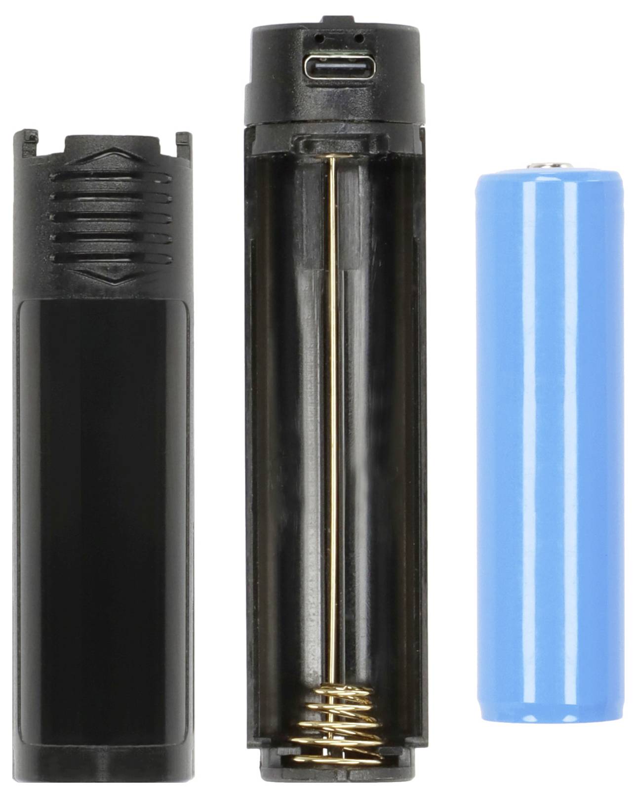 Auseinandergenommenes Gehäuse einer wiederaufladbaren Batterie mit schwarzer Außenschale, inneren Federkontakten und einer separat gezeigten blauen zylindrischen Batteriezelle.