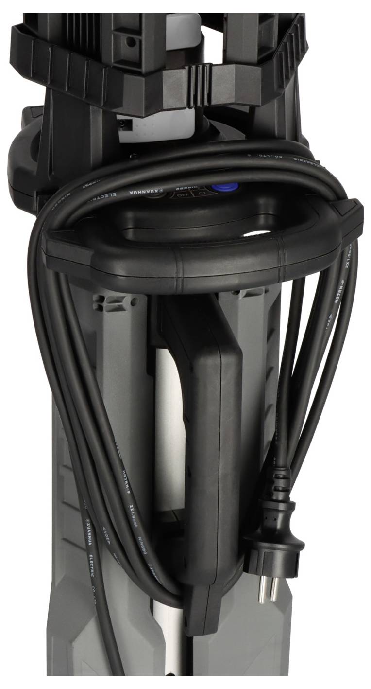 Grauer Werkzeugständer mit schwarzem Elektrokabel und Stecker, um Kabel sauber aufzubewahren. Geeignet für Werkstatt oder Garage.