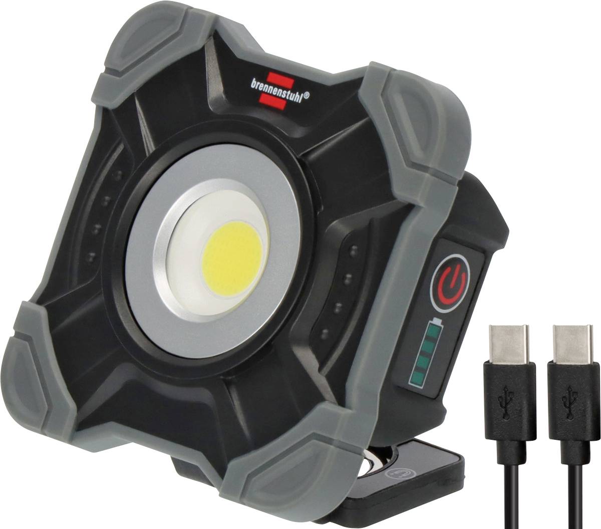 Tragbare LED-Arbeitsleuchte mit einer runden Frontleuchte, Netzschalter, Batteriestandsanzeige und zwei USB-Kabeln, die daneben abgebildet sind.