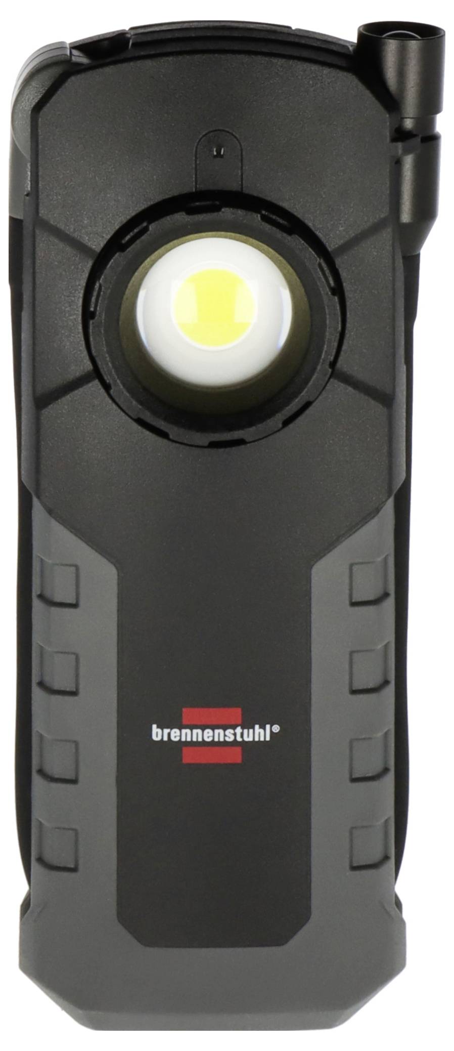 Schwarze tragbare Arbeitsleuchte mit großer kreisförmiger LED oben und Logo „brennenstuhl