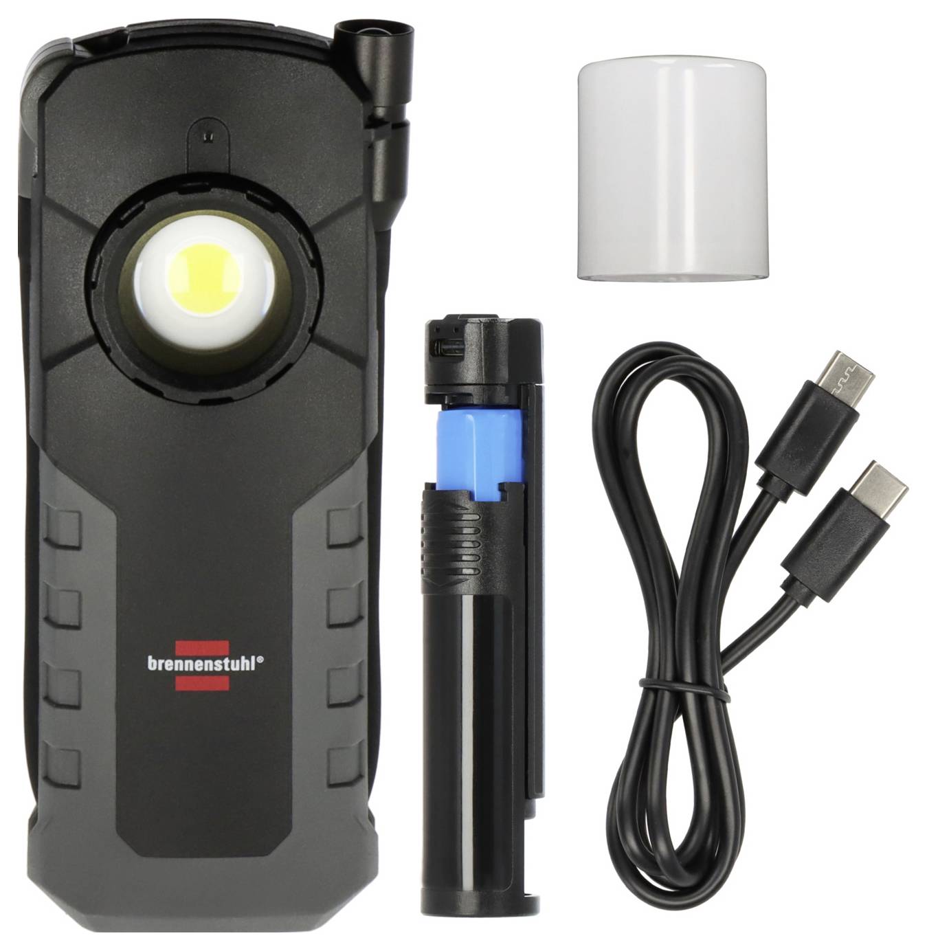 Schwarzes tragbares LED-Arbeitslicht-Set mit USB-C-Ladekabel, Leichteradapter und weißer Diffusorklappe.