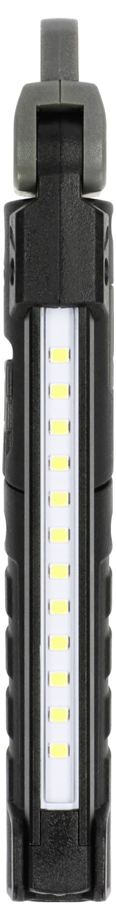 Schwarze tragbare Taschenlampe mit einem vertikal leuchtenden weißen LED-Streifen an der Vorderseite.