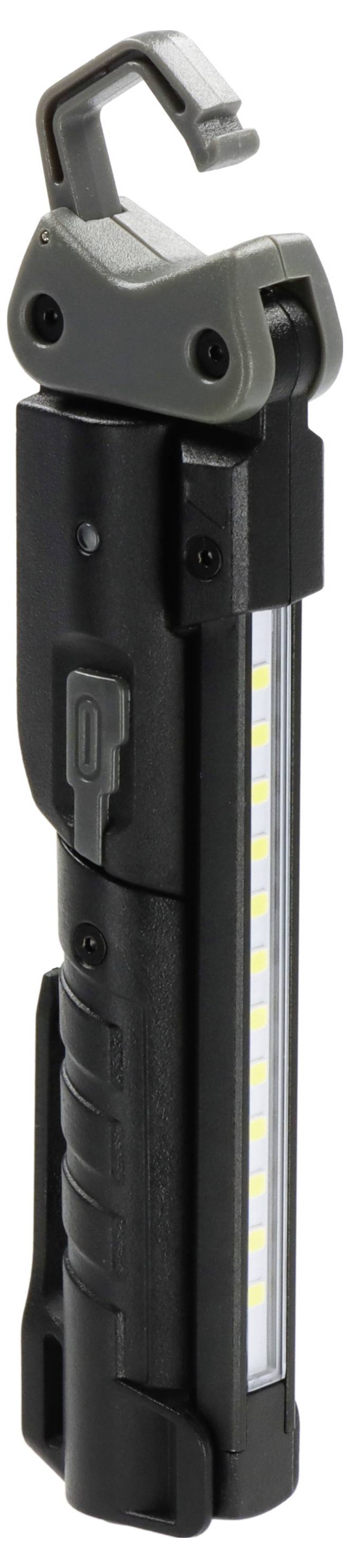 Schwarze tragbare LED-Arbeitsleuchte mit Hakenclip oben und seitlichem Lichtstreifen auf weißem Hintergrund.