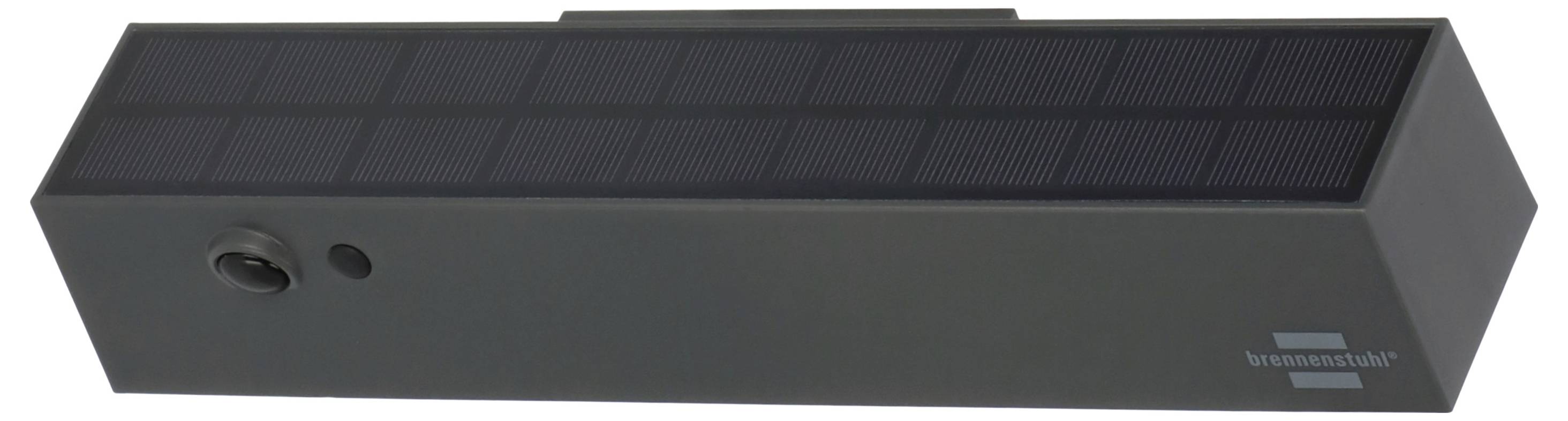 Eine schwarze, rechteckige Solarlampe mit einem Solarpanel auf der Oberseite. Sie hat eine kleine Kamera an einer Seite.