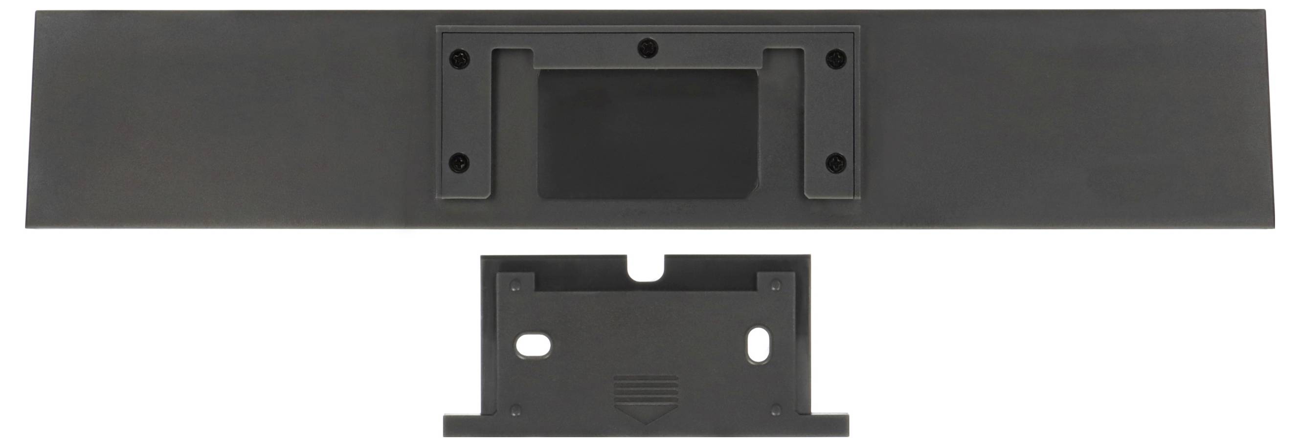 Ein rechteckiges schwarzes Bauteil mit Montagelöchern, darunter ein kleineres, passendes Teil mit zusätzlichen Löchern.