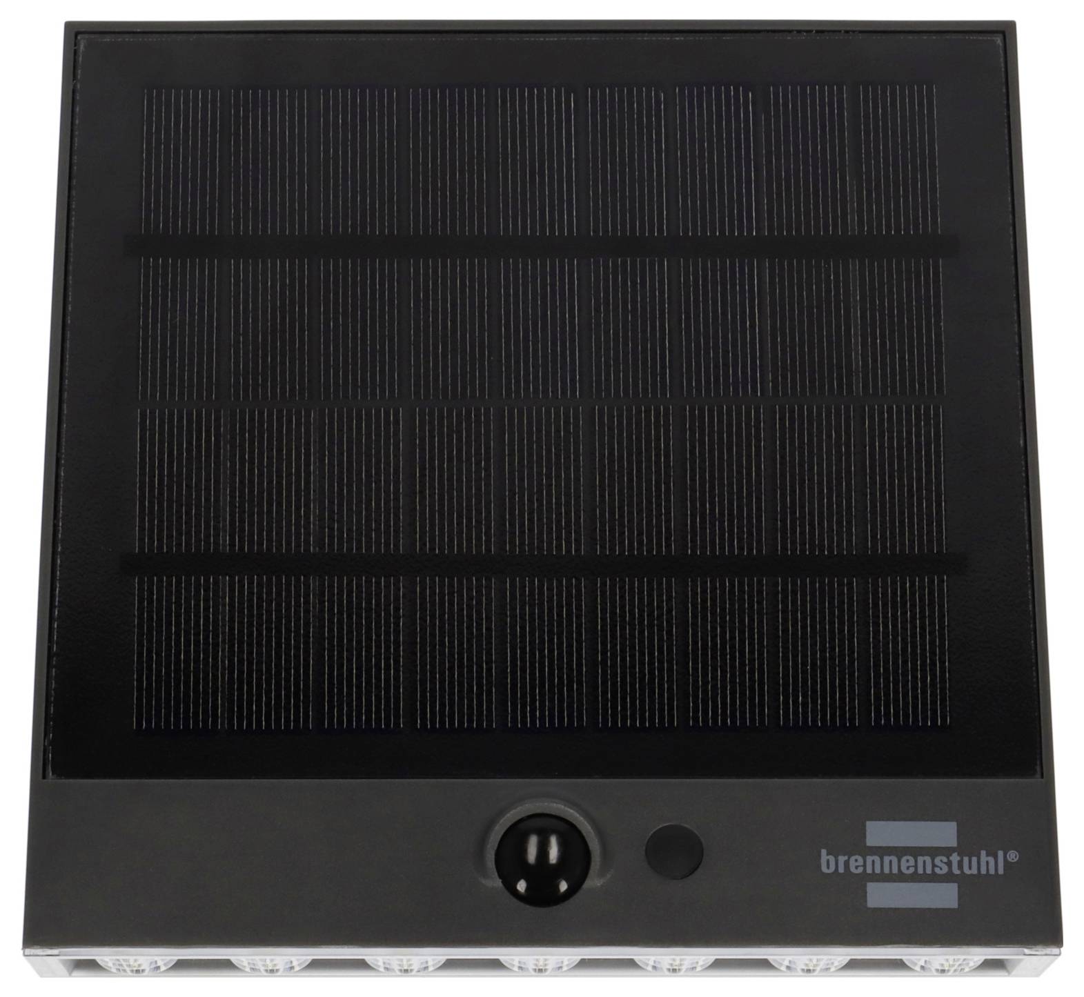 Schwarzes quadratisches Solarmodul mit zentralem Stromanschluss und Brennenstuhl-Logo unten rechts, vor weißem Hintergrund dargestellt.
