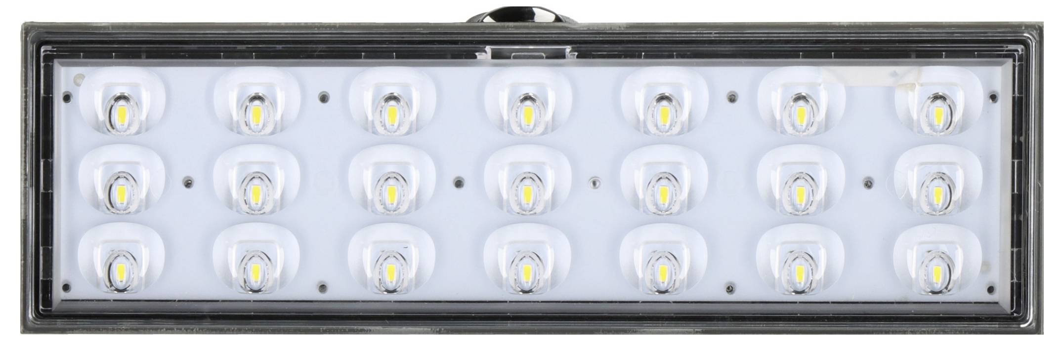 Rechteckige LED-Leuchte mit 24 Glühbirnen in schwarzem Rahmen.