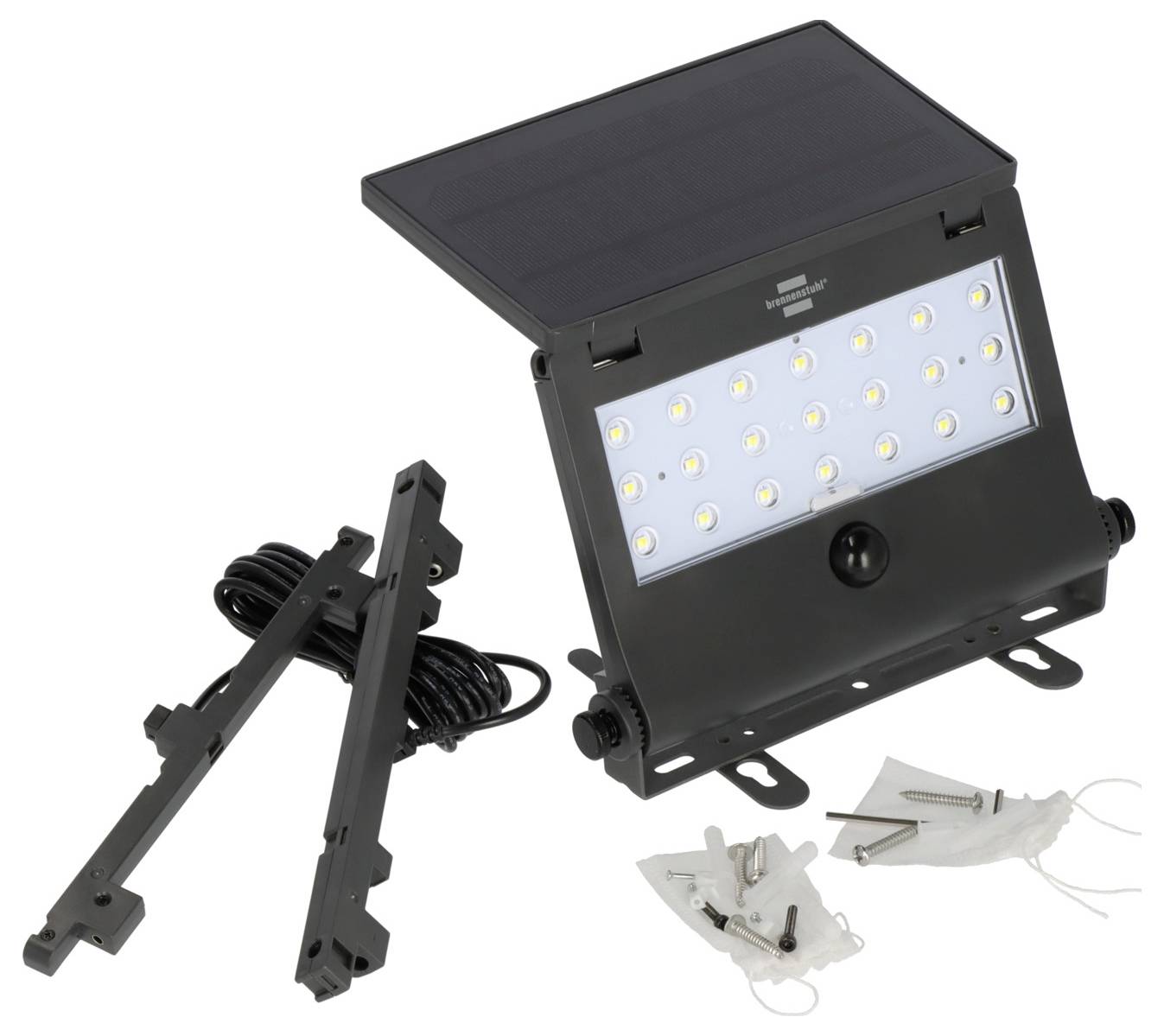 Solarlampe mit LED-Leuchten, schwarzem Gehäuse, Bewegungsmelder und Montagematerial auf weißem Hintergrund.