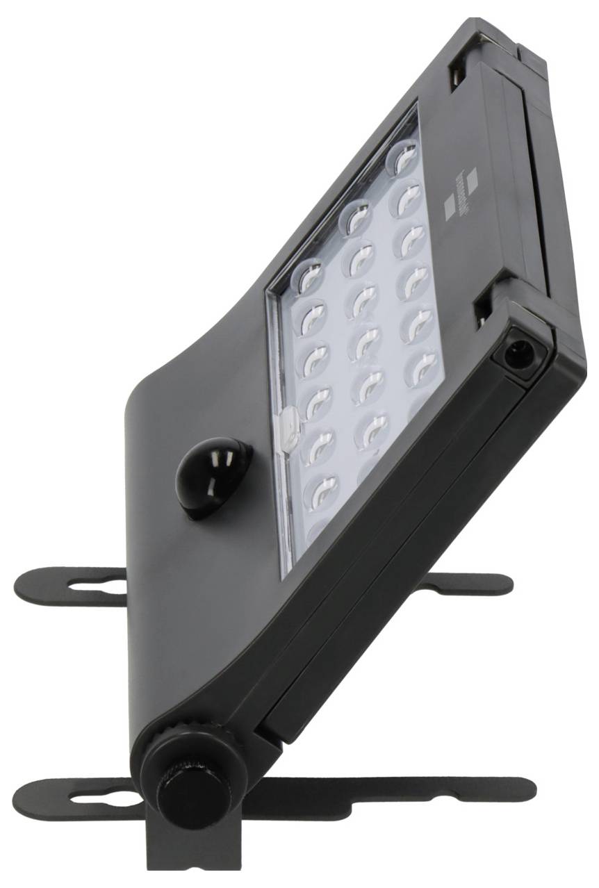 Schwarzer LED-Außenstrahler mit verstellbarer Wandhalterung und mehreren LED-Lampen auf weißem Hintergrund.