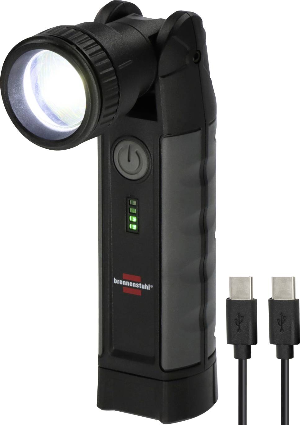 Schwarze aufladbare Taschenlampe mit verstellbarem Kopf, Ein-/Ausschalter, Batterieladeanzeige-Leuchten und zwei im Lieferumfang enthaltenen USB-Ladekabeln.