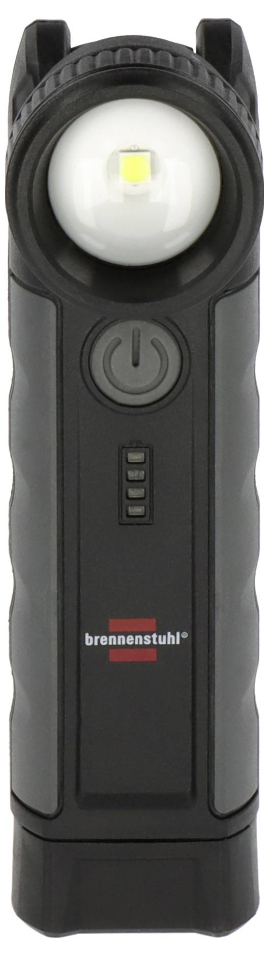 Taschenlampe mit robustem schwarzem Gehäuse und einem großen, zentral platzierten LED-Licht, für den universellen Einsatz.