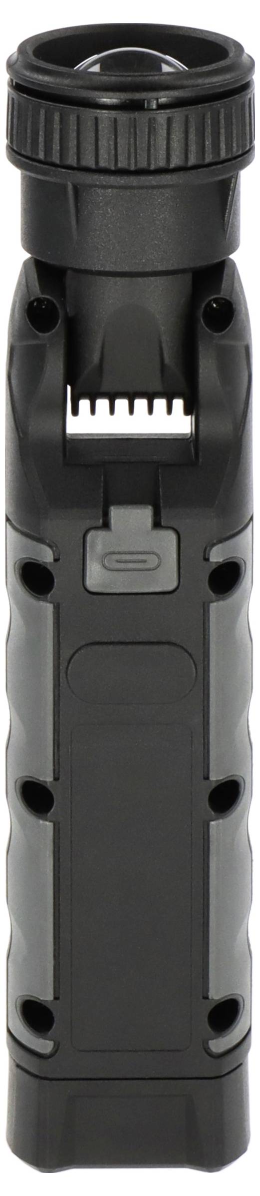 Eine schwarze Taschenlampe mit geriffeltem Griff und verstellbarem Kopf, aufrecht stehend, vor weißem Hintergrund.