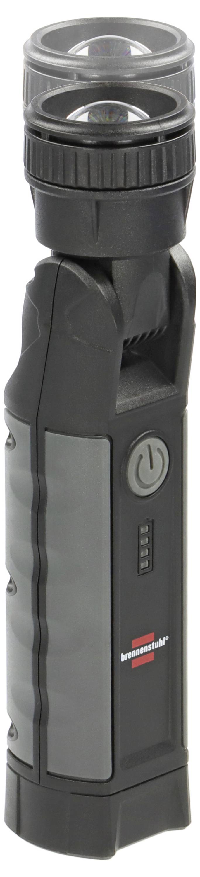 Schwarze tragbare wiederaufladbare Taschenlampe mit gerilltem Griff, seitlichem Einschalter und transparenter Linsenkappe oben.