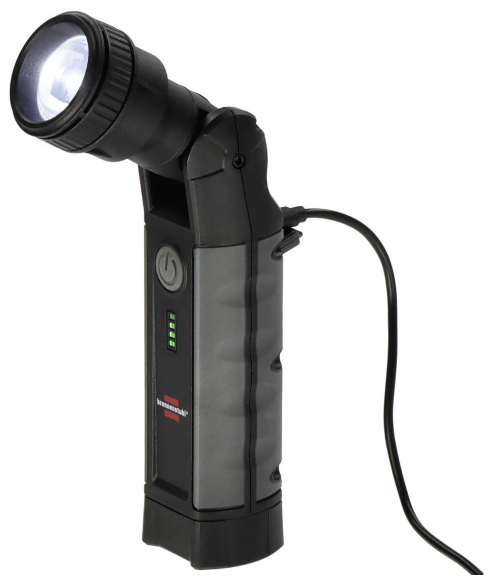 Schwarze tragbare LED-Arbeitsleuchte mit geneigtem Kopf, Netzschalter, Akkuanzeige und angebrachtem Kabel auf weißem Hintergrund