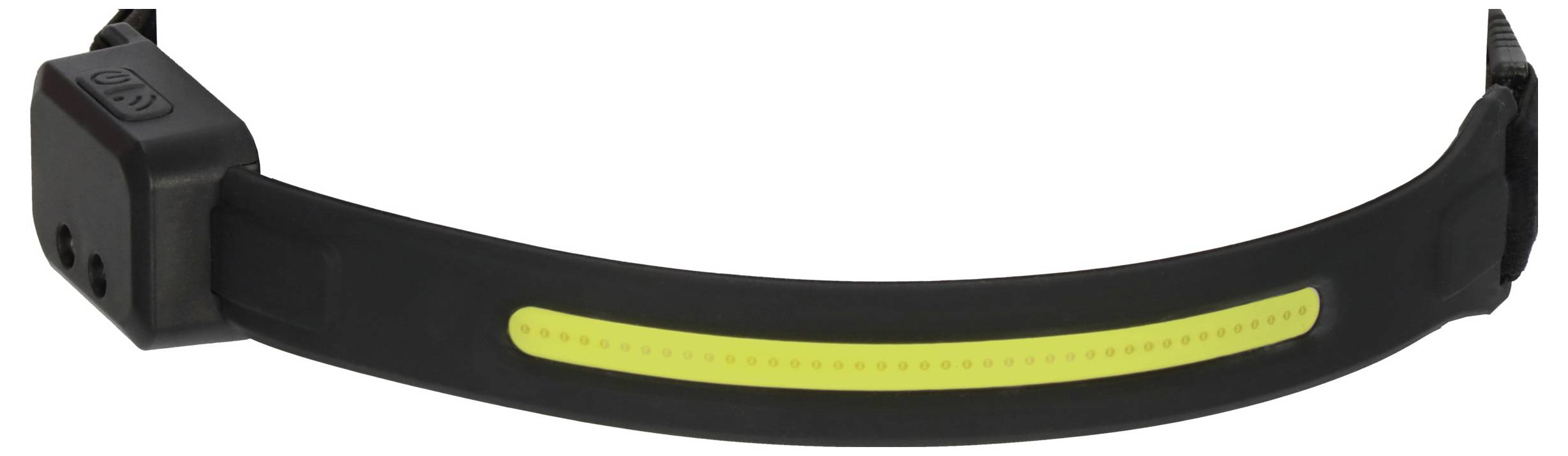 Schwarzer tragbarer Fitness-Tracker für das Handgelenk mit einem gelben LED-Lichtstreifen am Band und einem kleinen Sensormodul an einem Ende.
